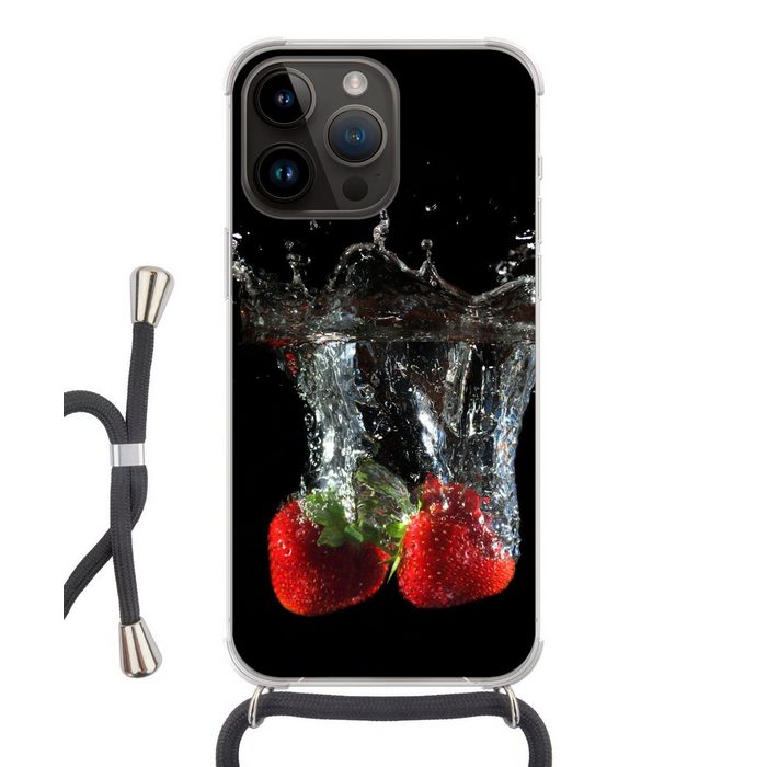 MuchoWow Handyhülle Erdbeeren - Obst - Wasser - Schwarz - Rot Handyhülle Telefonhülle Apple iPhone 14 Pro