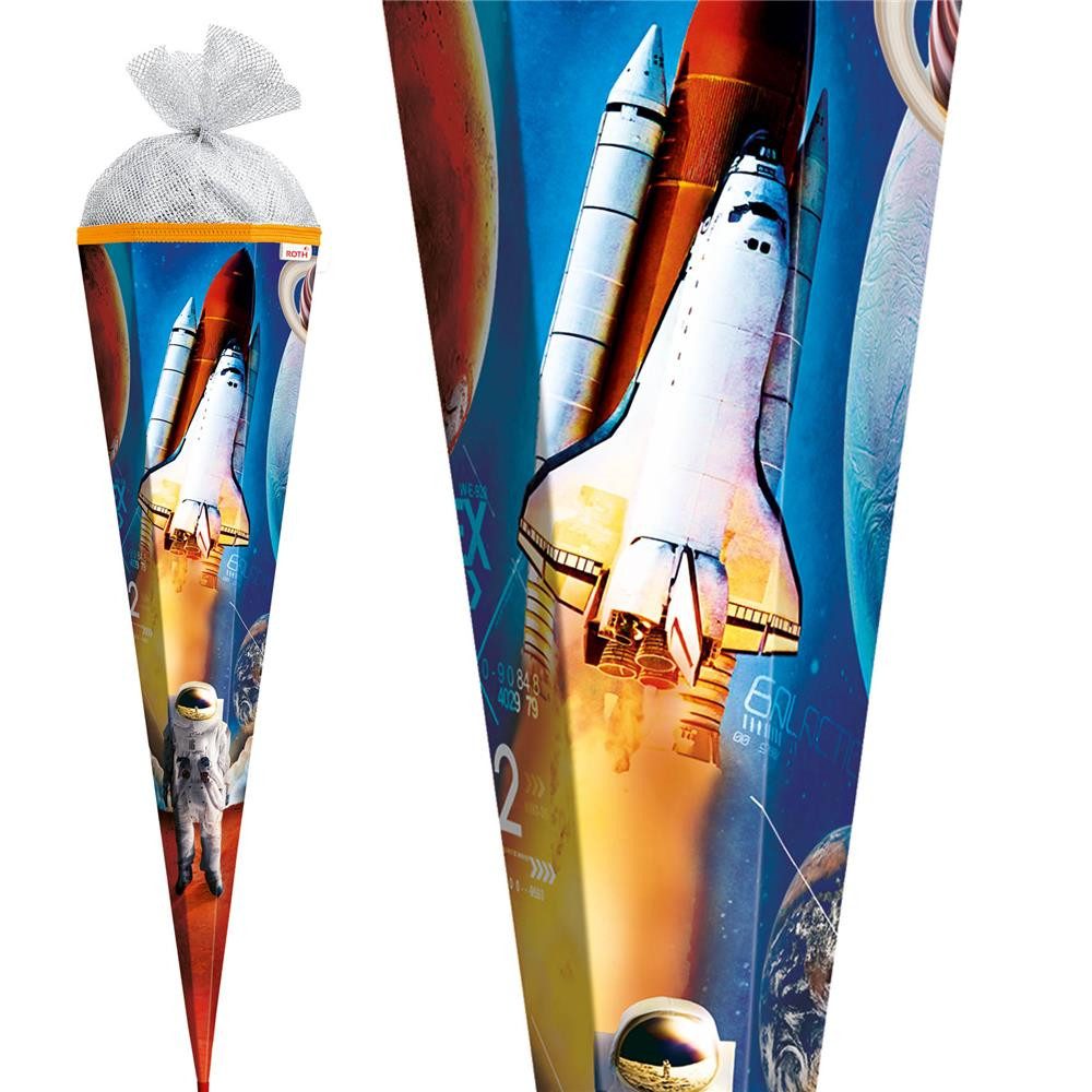 Roth Schultüte Weltraum, 85cm, eckig, mit Rot(h)-Spitze und Silbertüllverschluss, Weltraummotiv, Silbertüll, ROT(H)-Spitze, eckige Form, Schulstart