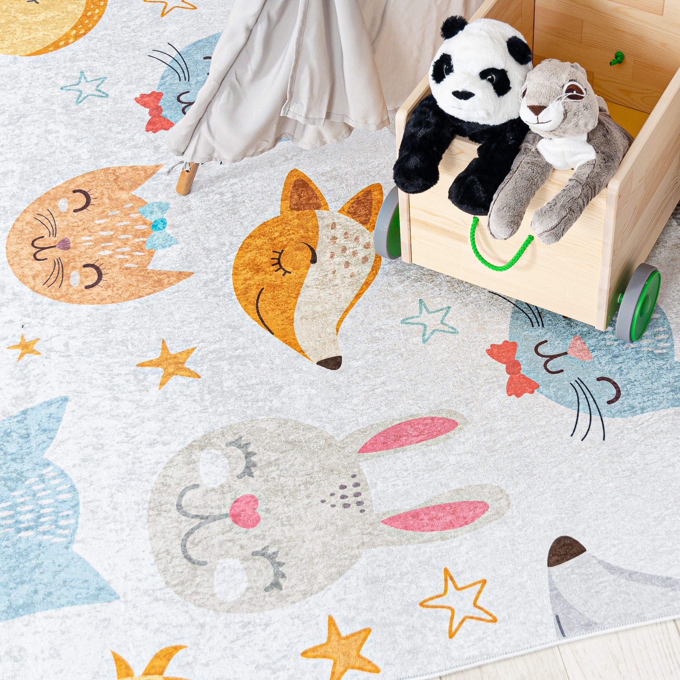 Mazovia Kinderteppich Kinderteppich Kinderzimmerteppich Tiere, 80 x 150 cm, Kurflor, Waschbar in Waschmaschine, Höhe 5 mm, Rutschfest