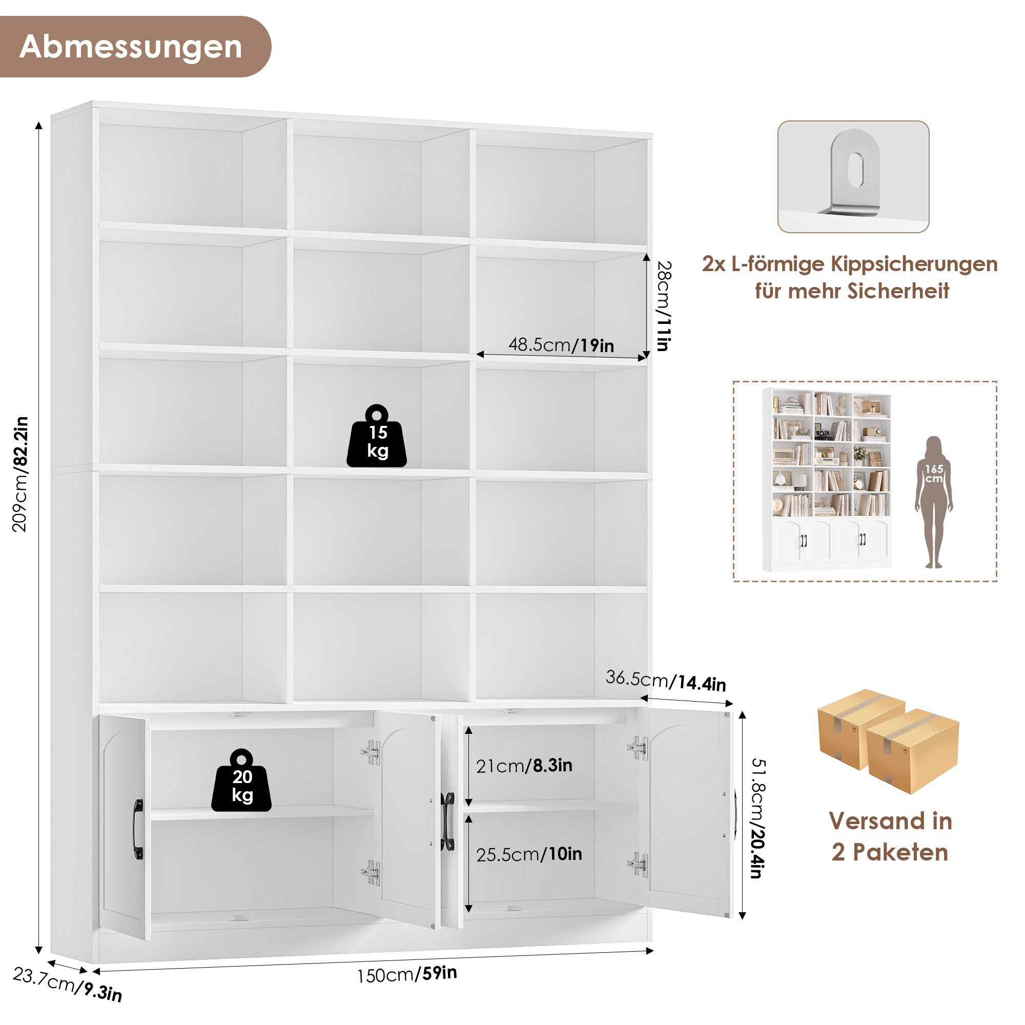 Homfa Bücherregal 209cm Bücherschrank Hochschrank Raumteiler Standregal, mit 15 offenen Fächern und 4 Türen, Holz, 150x23,7x209 cm, Weiß