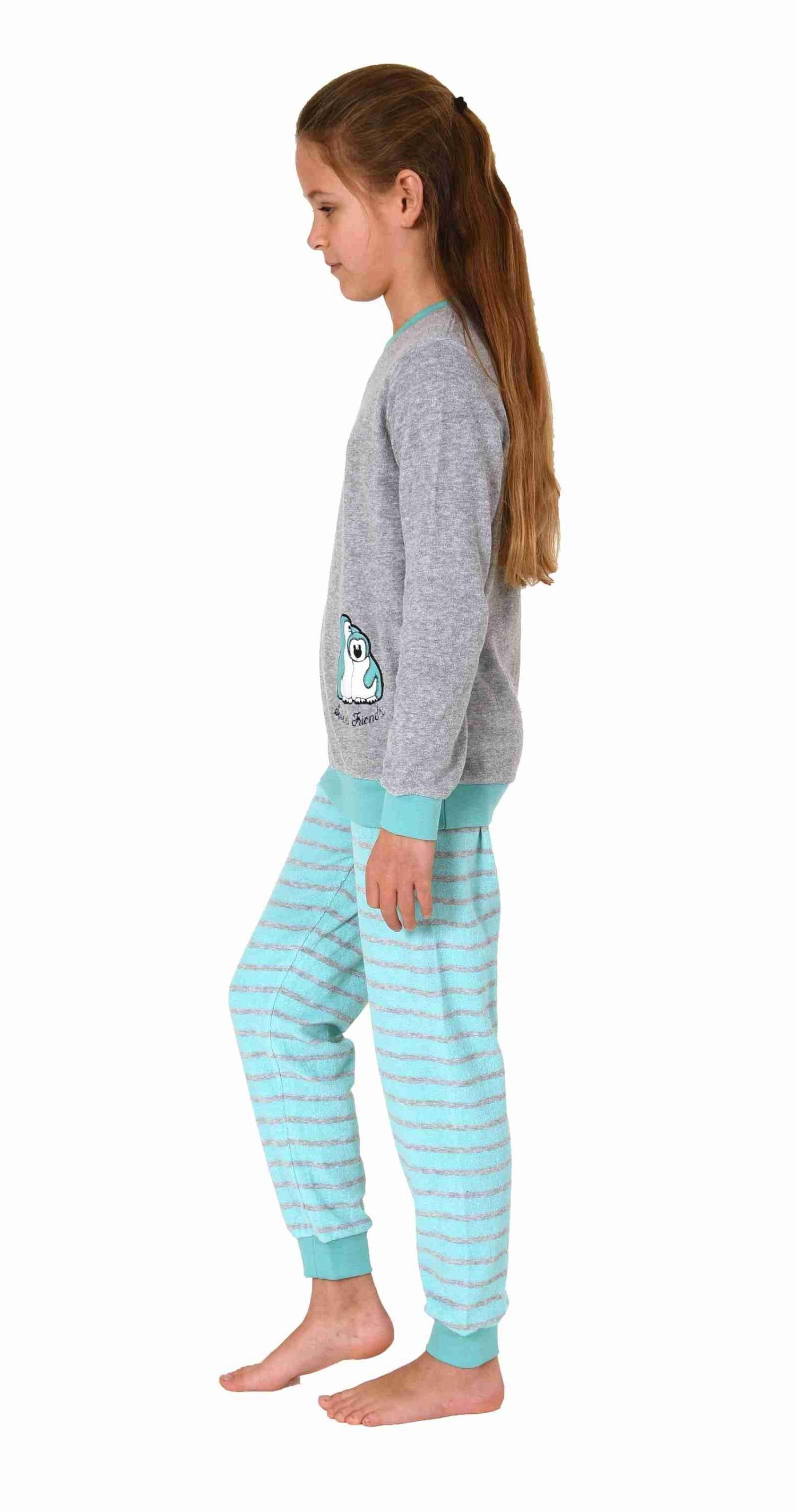 und Schlafanzug Bündchen Mädchen mit mint Normann Frottee Pyjama Pinguin-Stickerei