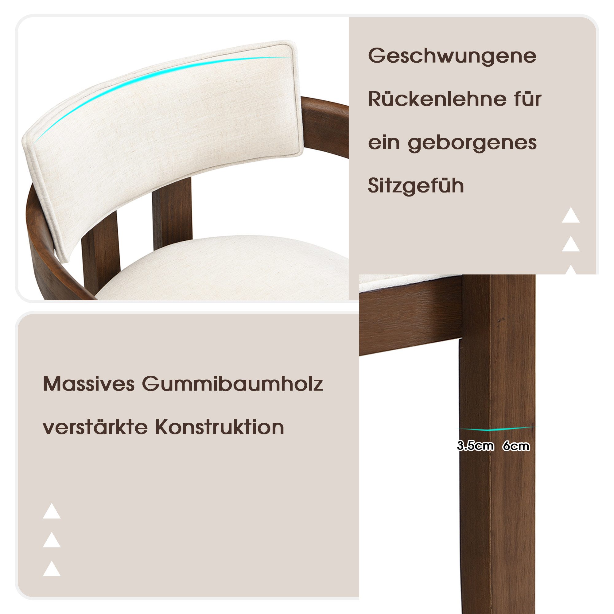Flieks Esszimmerstuhl Gestell aus Massivholz, Bezug aus Leinenstoff (Set, 6 St), 6er Set Polsterstühle mit Armlehnen Wohnzimmerstuhl, Walnussfarbe – Bild 5 von 5
