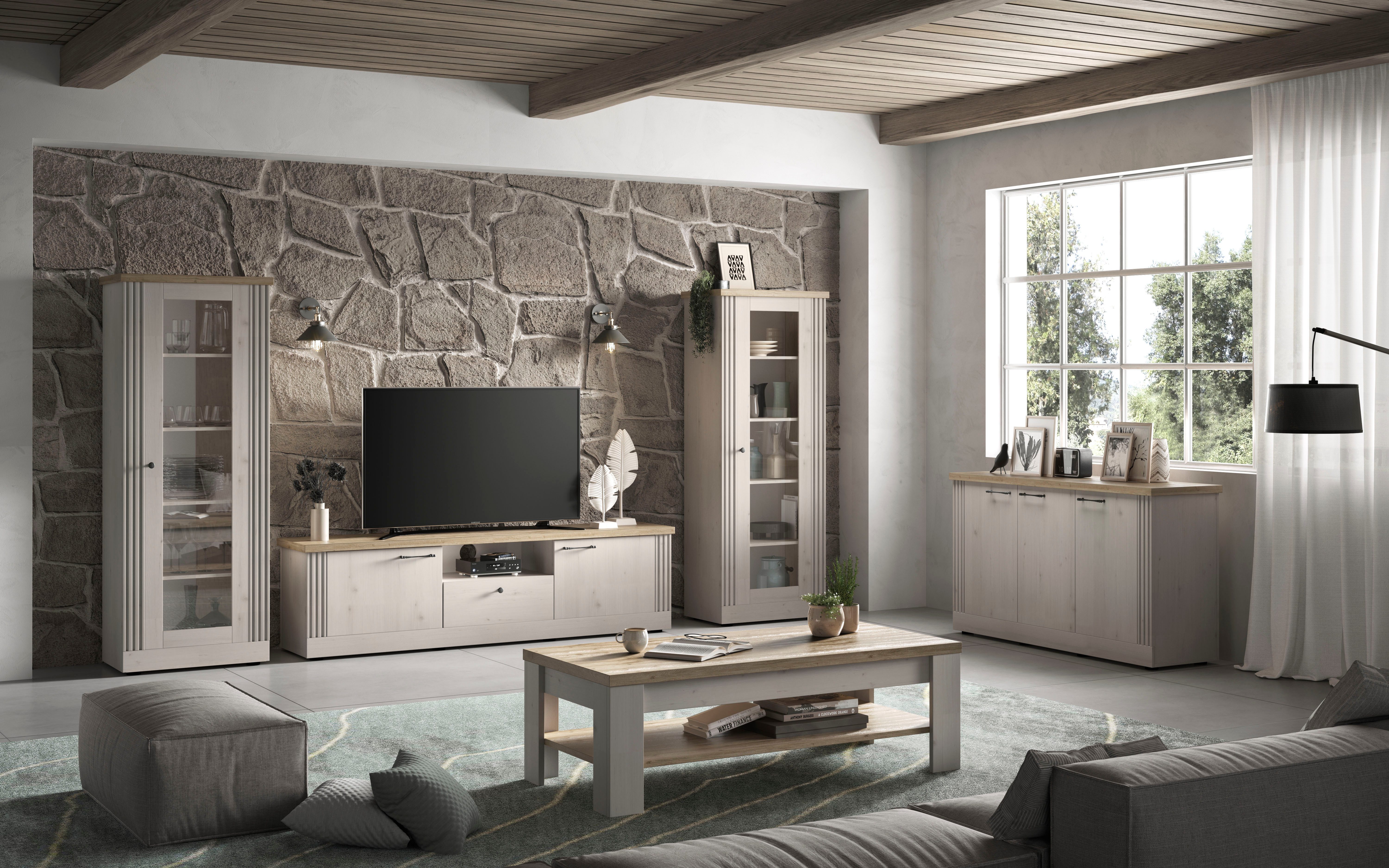 OTTO home Lowboard Country Breite 211 cm, TV-Board 2 Türen u. 1 Schubkasten, TV-Schrank, im Landhausstil, viel Strauraum, mit Metallgriffe, MDF Rahmen – Bild 2 von 5