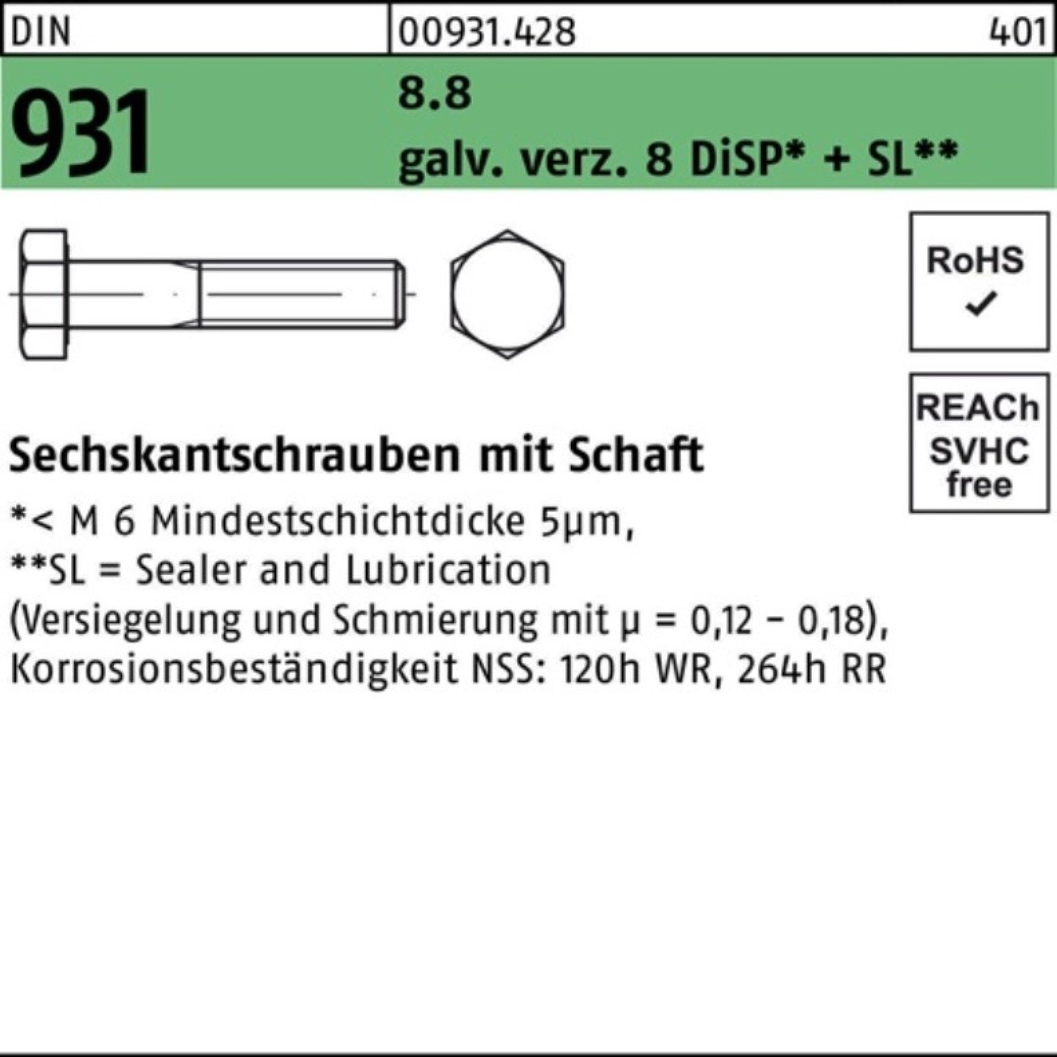 Zn Reyher DiSP gal M20x 8.8 Pack Sechskantschraube Schaft 100er DIN Sechskantschraube 105 931 +