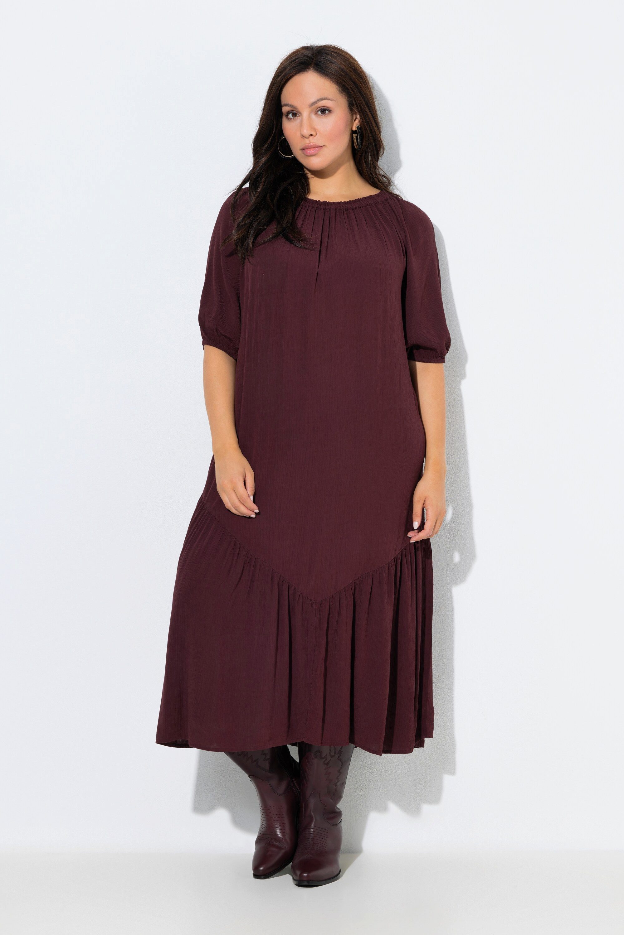 Ulla Popken Maxikleid Midikleid Struktur Volantsaum Rundhals Halbarm günstig online kaufen
