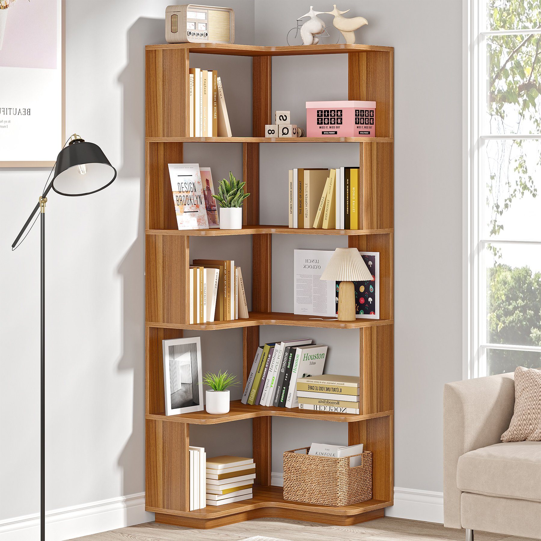 Tribesigns Bücherregal Standregal 6 Etagen, 165cm hohes Eckregal mit Anti-Drop-Panel – Bild 4 von 5