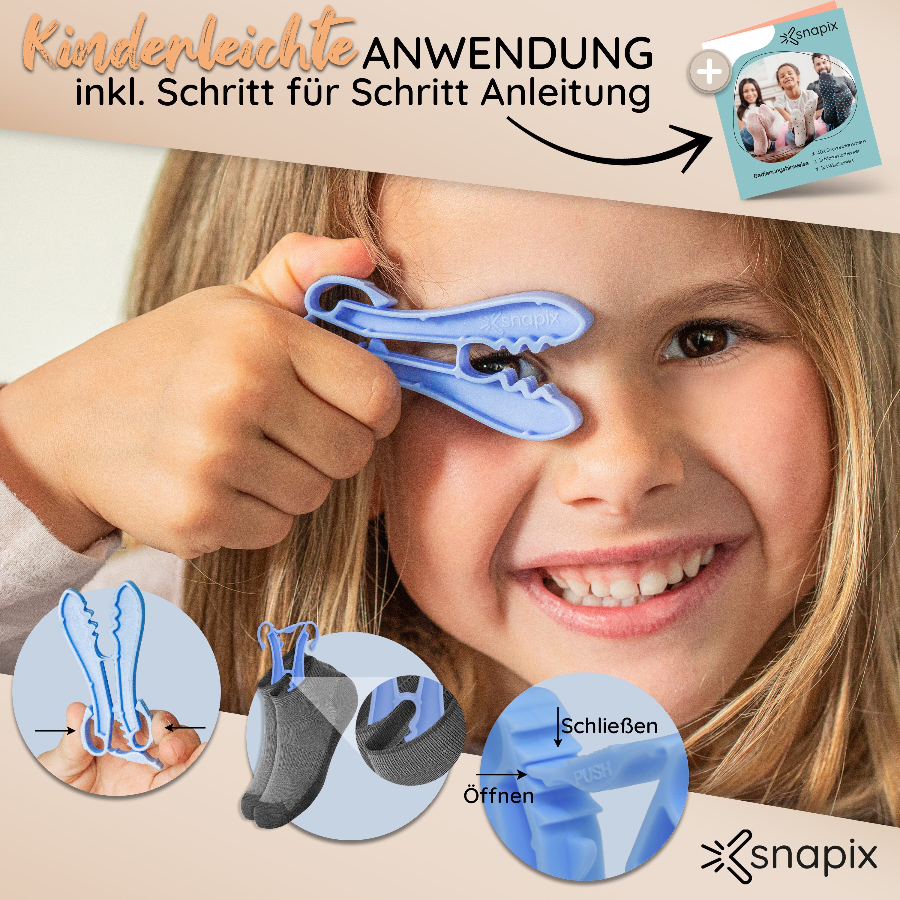 snapix Sockenklammer [40 Stück],(Set mit Klammerbeutel & Wäschenetz ODER 40x Einzelklammern, Sockenclips für Waschmaschine und Trockner), Nie Wieder Socken sortieren