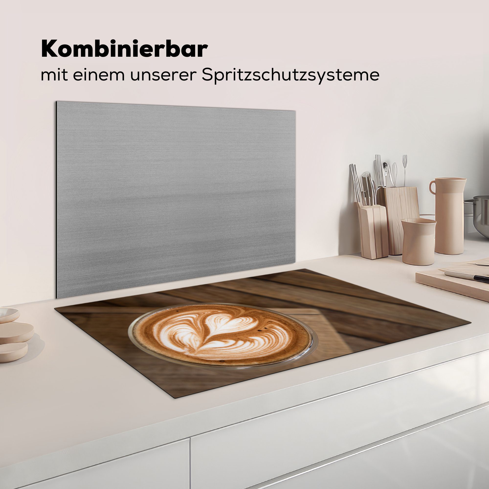 MuchoWow Ceranfeldabdeckung 81x52 Blume einer die Herdblende-/Abdeckplatte herzförmigen in (1 Kunst Espresso, Vinyl, cm, tlg), Schutz küche, Induktionskochfeld für