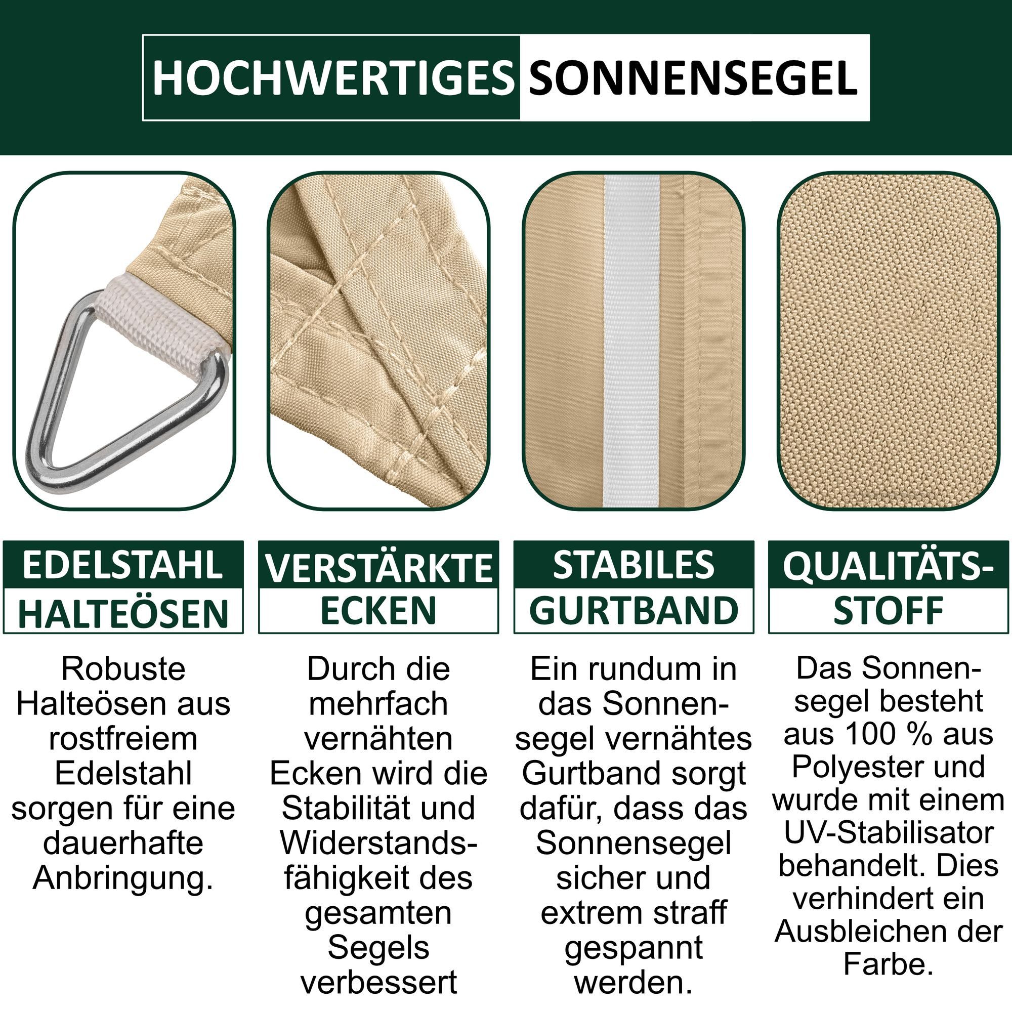 bonsport Sonnensegel Sonnensegel aus 100% Polyester, (Quadrat 2x2m Sand), Polyester
