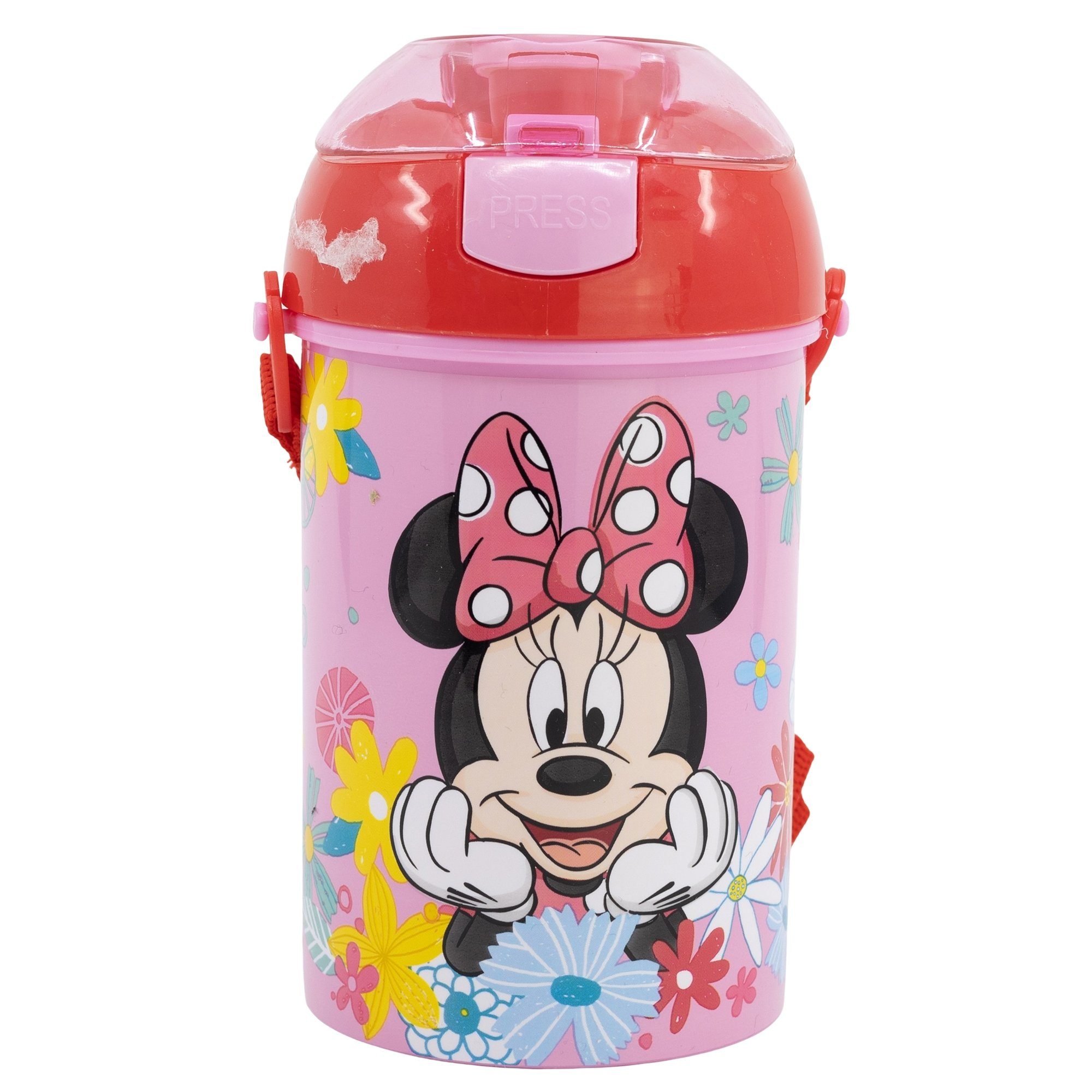 Disney Trinkflasche Disney Minnie Maus Wasserflasche, Flasche mit Trinkhalm Gurt 450 ml