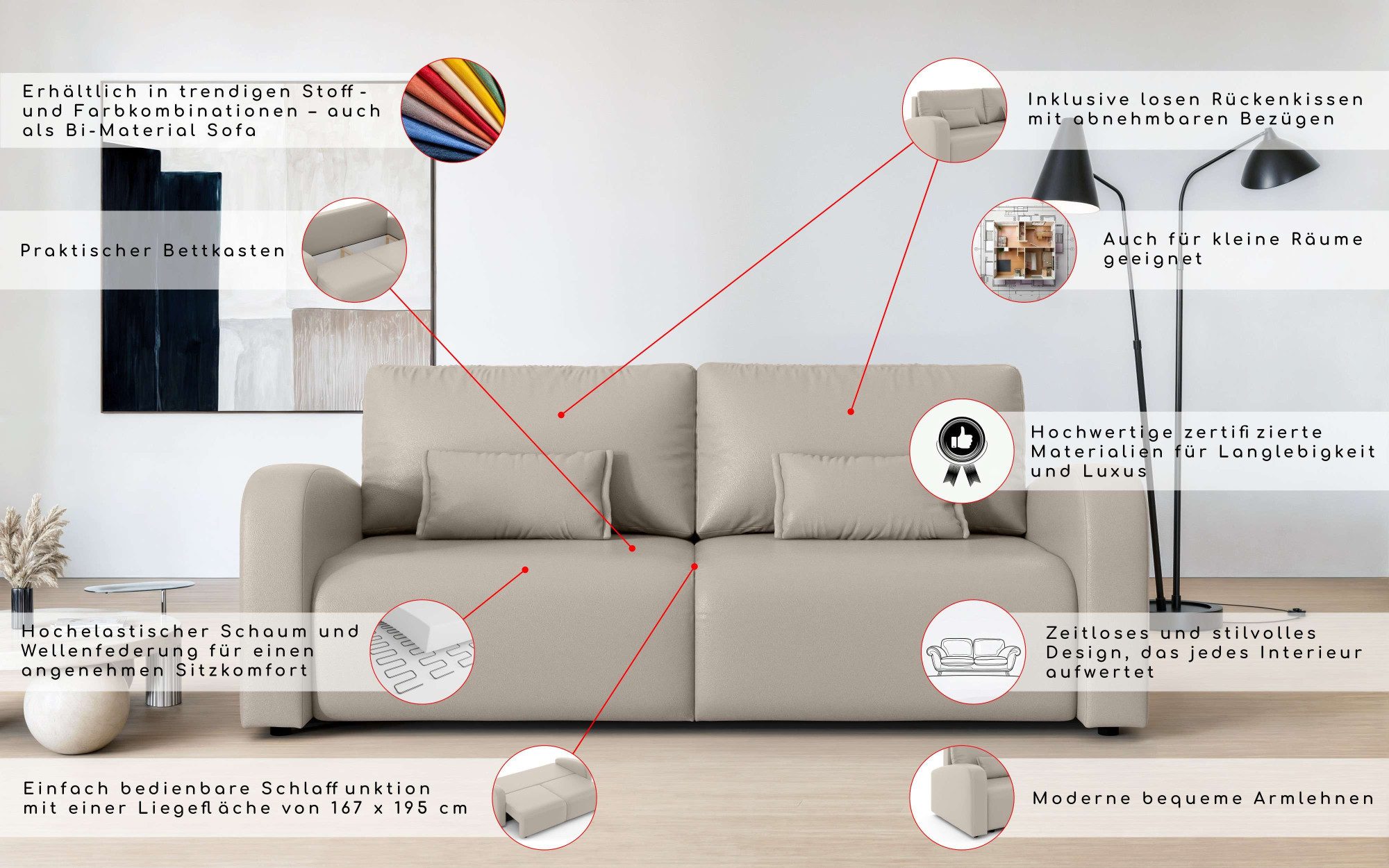 OTTO home 3-Sitzer JIGGS wahlweise Schlafsofa mit Bettkasten, Maße B/H/T: 228/96/110 cm, Sofa mit Wellenunterfederung, enthält 2 Rückenkissen und 2 Zierkissen