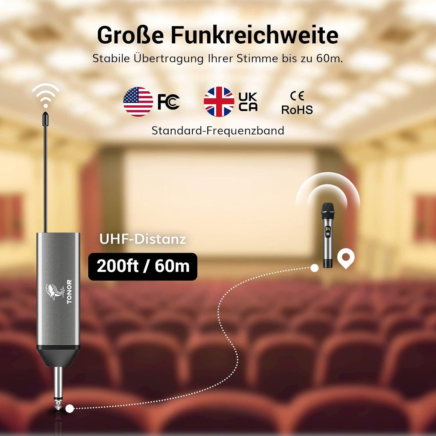 TONOR Mikrofon TW620 UHF Funkmikrofon Set kabellos 60 m 5 Kanäle Metall Plug & Play (Set, 2-tlg), UHF, 60 m Reichweite, 5 Frequenzkanäle, Metallgehäuse, Plug &  – Bild 3 von 5