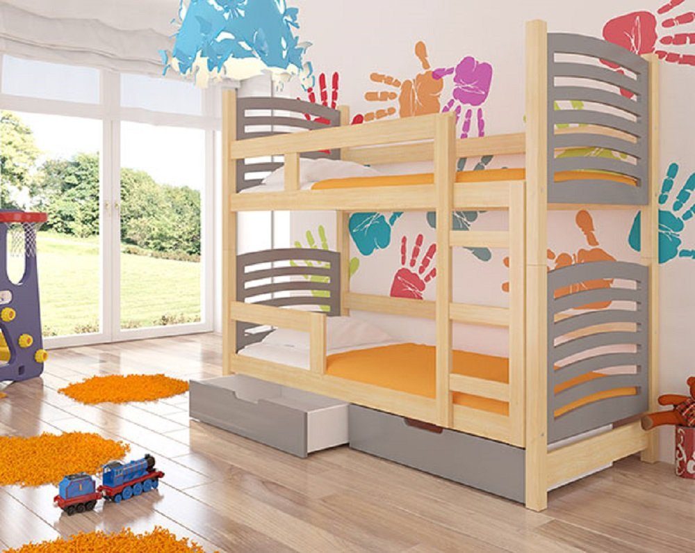 Feldmann-Wohnen Hochbett OSUNA (Etagenbett mit 2 Schlafgelegenheiten) Farbe wählbar Kiefer Natur / Absetzungen: grau