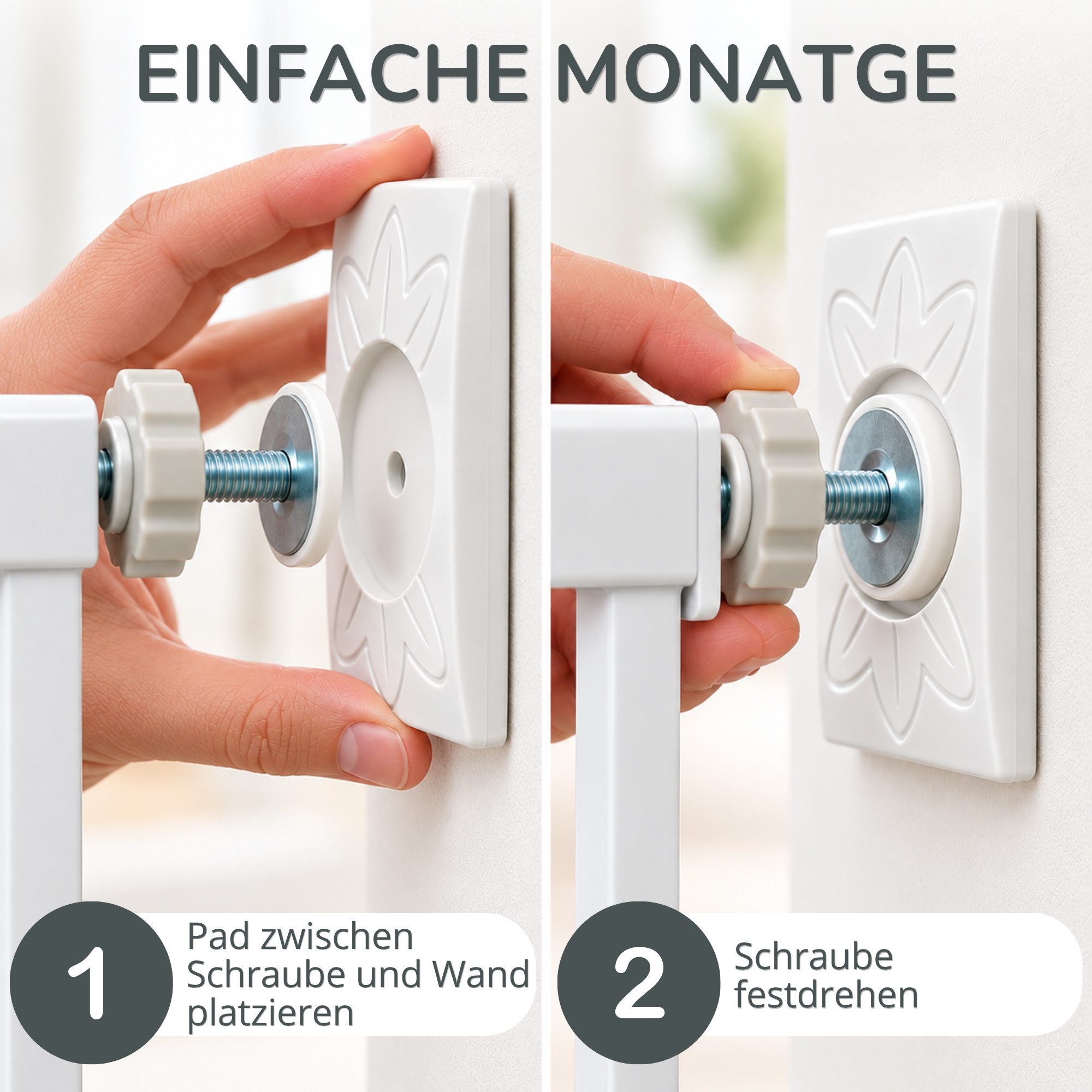 Bronea Treppenschutzgitter 4x Wandschutzpads POWER-GRIP ULTRA für Treppenschutzgitter & Türgitter (Set, Rechteckige Wandschutz & Türschutz für Baby Klemmgitter  – Bild 5 von 5