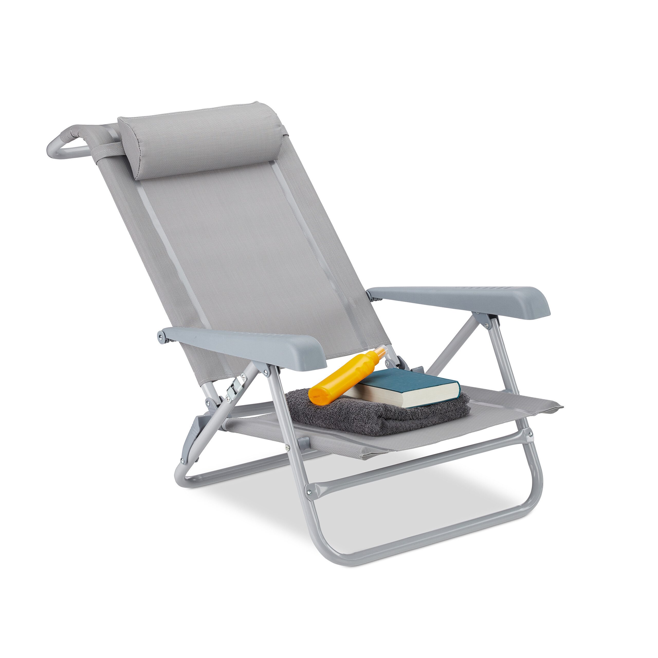 relaxdays Gartenliege Klappbarer Liegestuhl mit Nackenkissen, 1 St., grau
