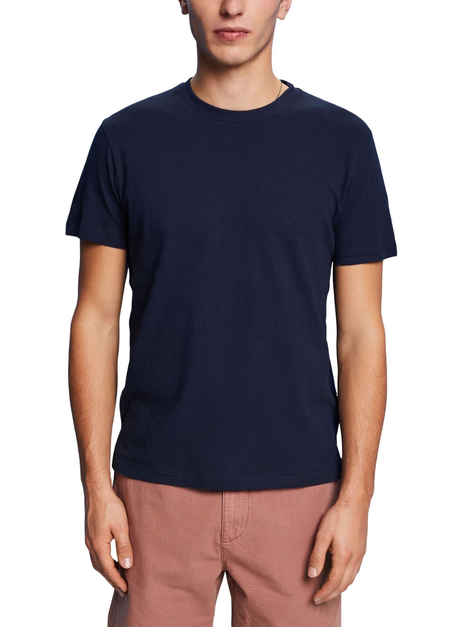 (1-tlg) Esprit Baumwoll-Leinenmix T-Shirt NAVY Rundhals-T-Shirt,