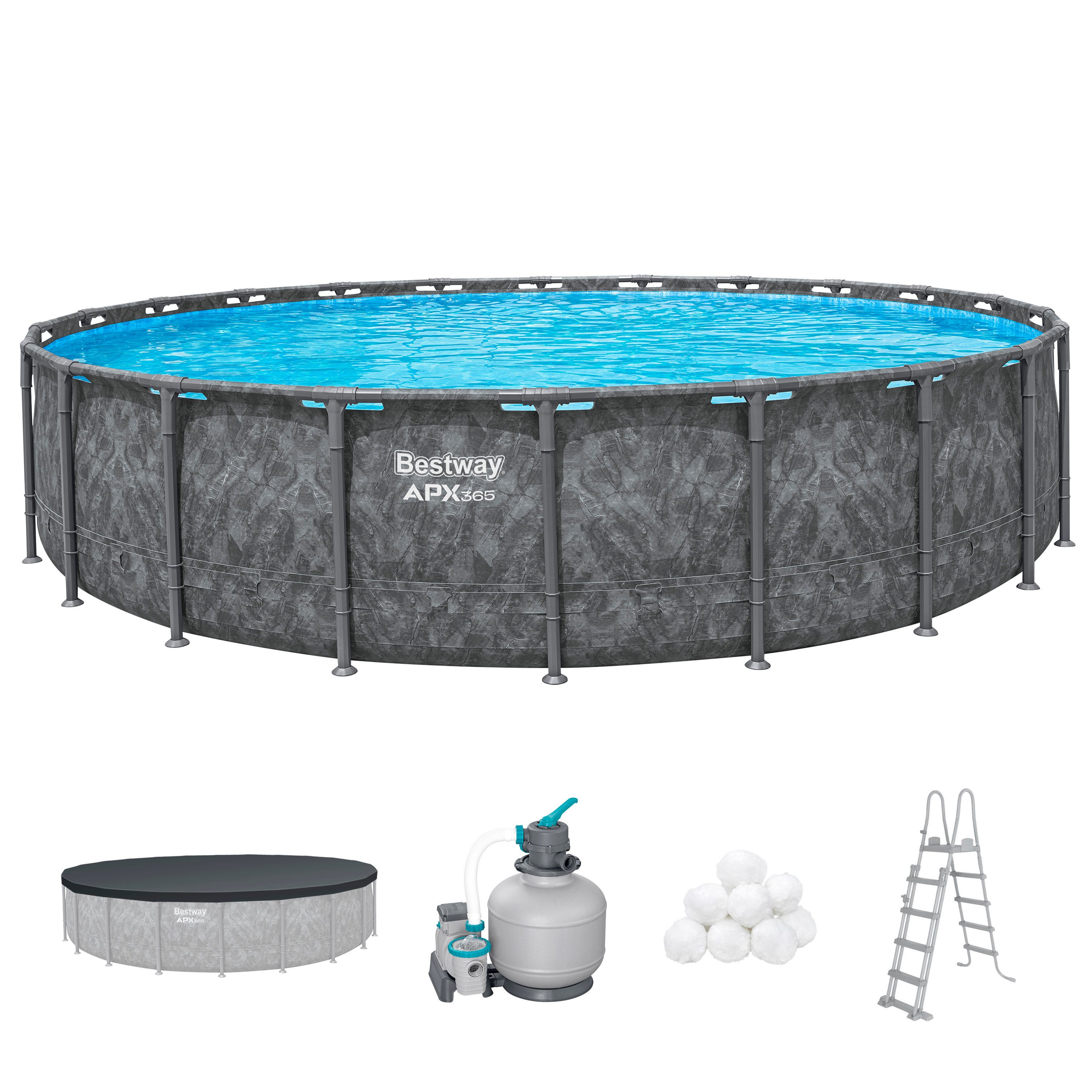 Bestway Framepool APX365™ Winterfest (Set, 5-tlg., Inkl. Sandfilteranlage, Filterbälle, Sicherheitsleiter, Abdeckplane), Ø 671 x 132 cm