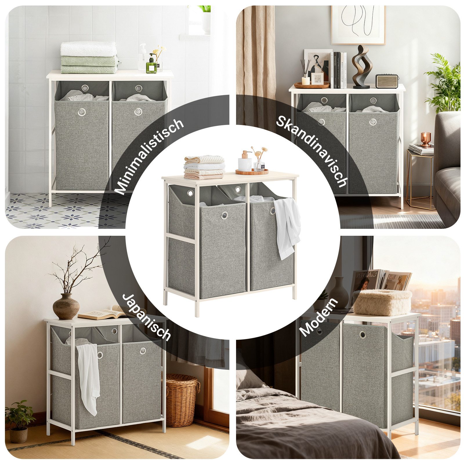SoBuy Wäscheschrank BZR57, Badkommode Badezimmerschrank Aufbewahrungsschrank mit 2 abnehmbaren Wäschesäcken Wäschetruhe Wäschesammler Badschrank – Bild 4 von 5