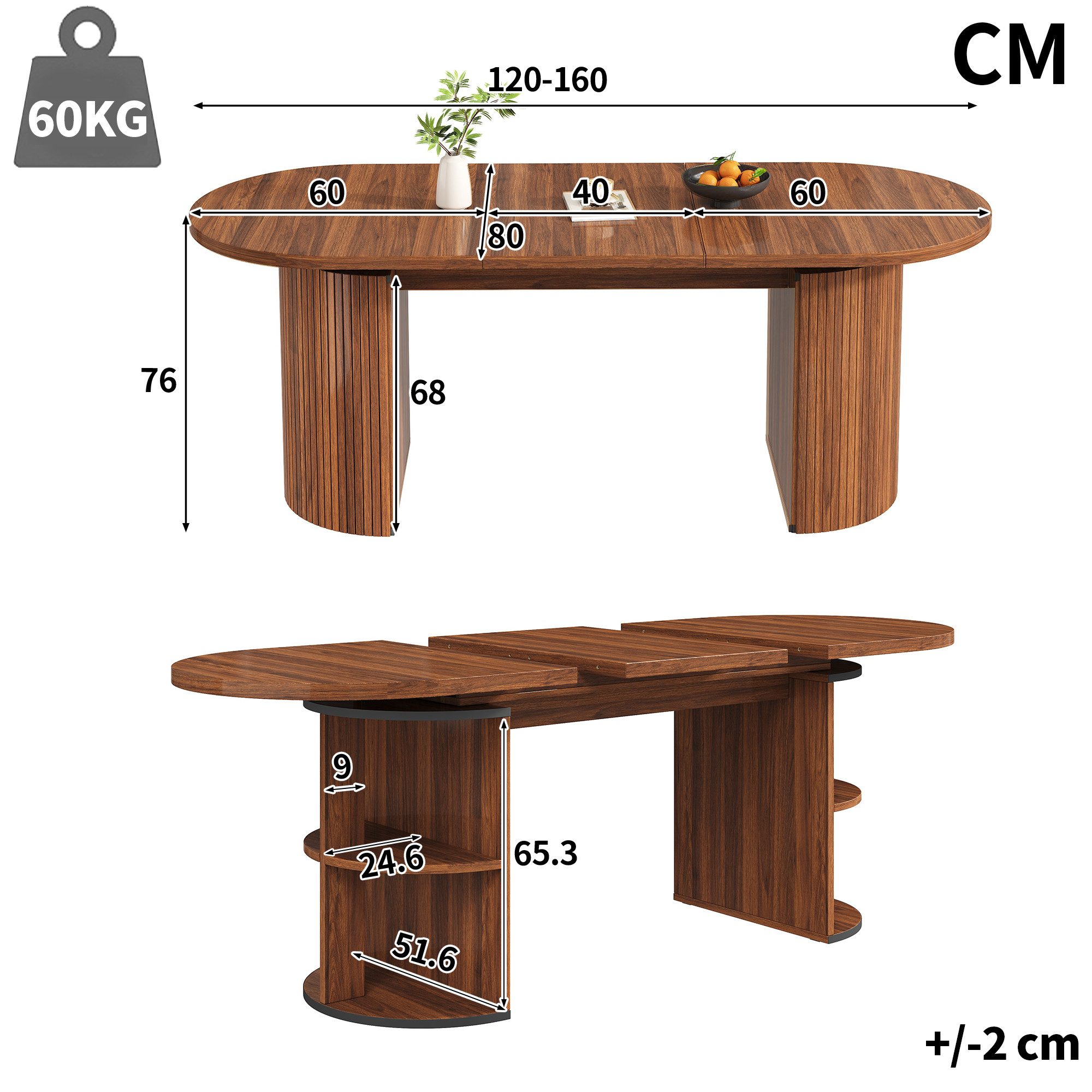 KLAM HOME Esstisch Ausziehbarer Esstisch mit verstecktem Staufach in Naturbraun (Flexibler Tisch 120-160cm aus MDF für Küche, Wohn- & Arbeitszimmer), Stabiler Ausziehtisch mit verdickter Platte & werkzeugloser Montage