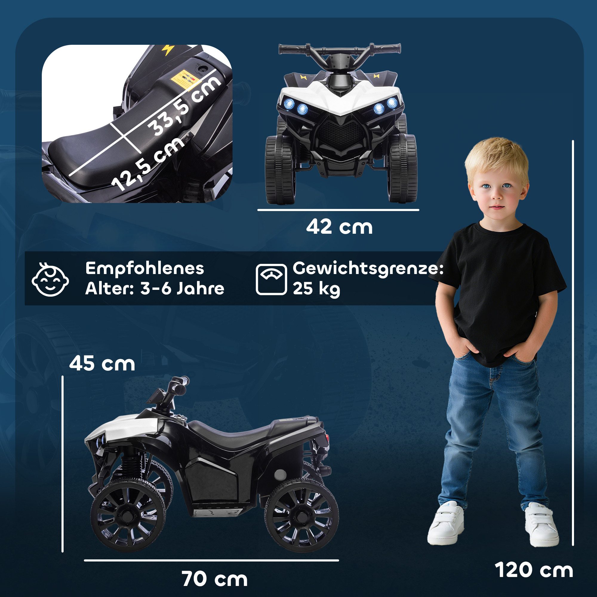 AIYAPLAY Elektro-Kinderquad 6V Elektro Quad für Kinder mit Vorwärts-, Rückwärtsfunktion, Musik, Belastbarkeit 25 kg, (1-tlg), mit LED-Scheinwerfer, 4 Rädern, für 37-72 Monate Kinder, Weiß
