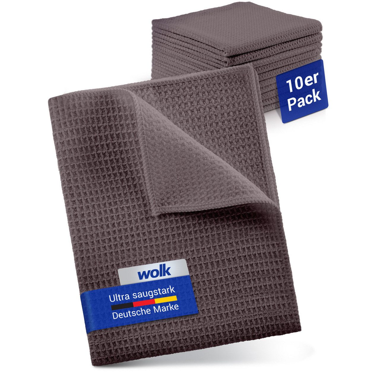 wolk Mikrofasertuch mit Waffelstruktur in grau - Reinigungstuch (Polyester, 38x38 cm, 10er-Set, hygienisch auf 90° waschbar)