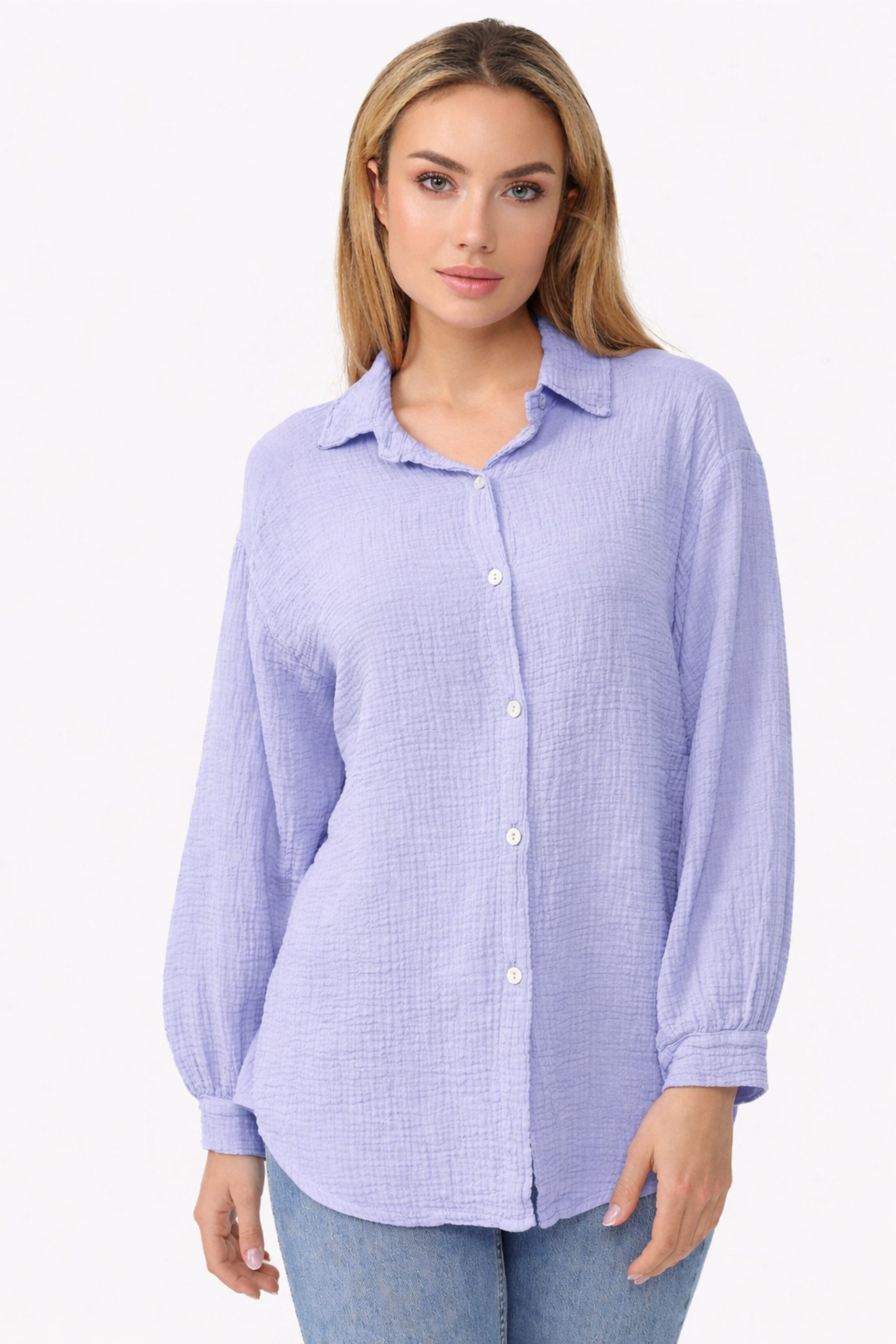 Worldclassca Hemdbluse Worldclassca Musselin Bluse Tunika Sommer Langarm Oberteil Einfarbig Neue Kollektion - Stilvolle und gemütliche Mode für Damen