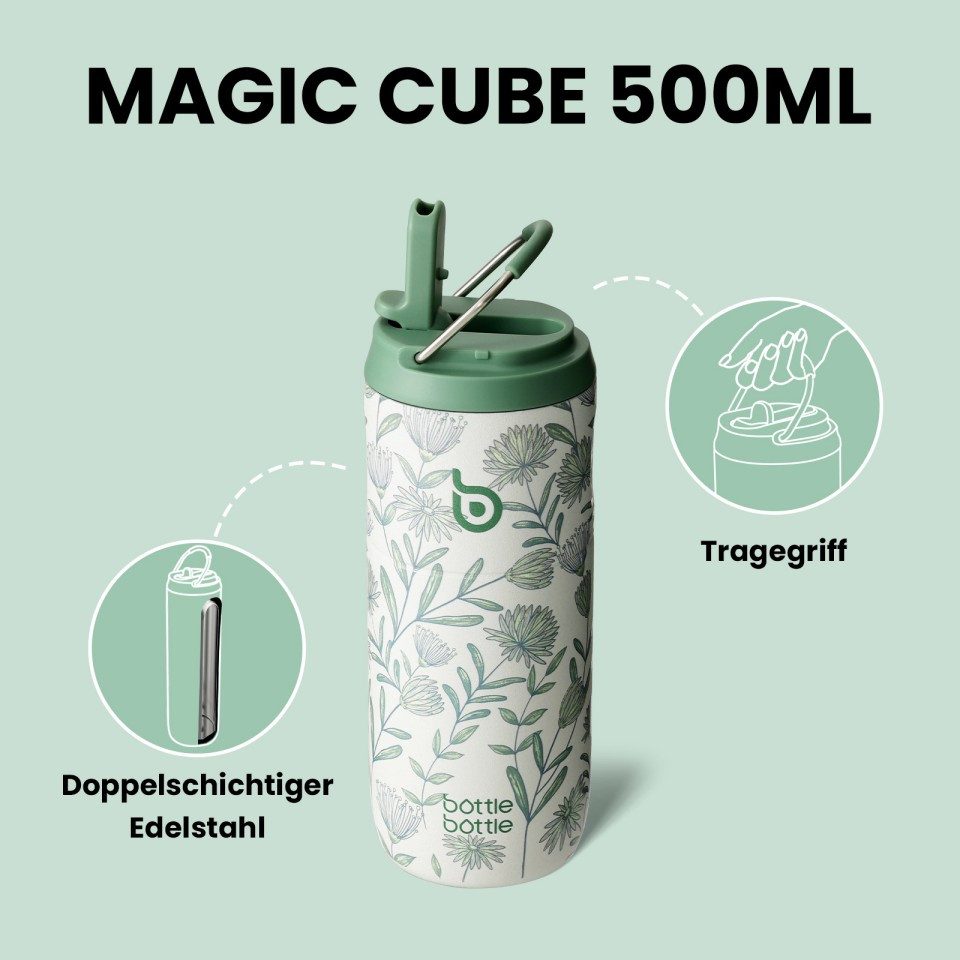 BOTTLE BOTTLE Trinkflasche Edelstahl Trinkflasche mit Strohhalm 500ml, auslaufsichere Sportwasserflasche, ideal für Schule, Büro und Ausflüge – Bild 5 von 5