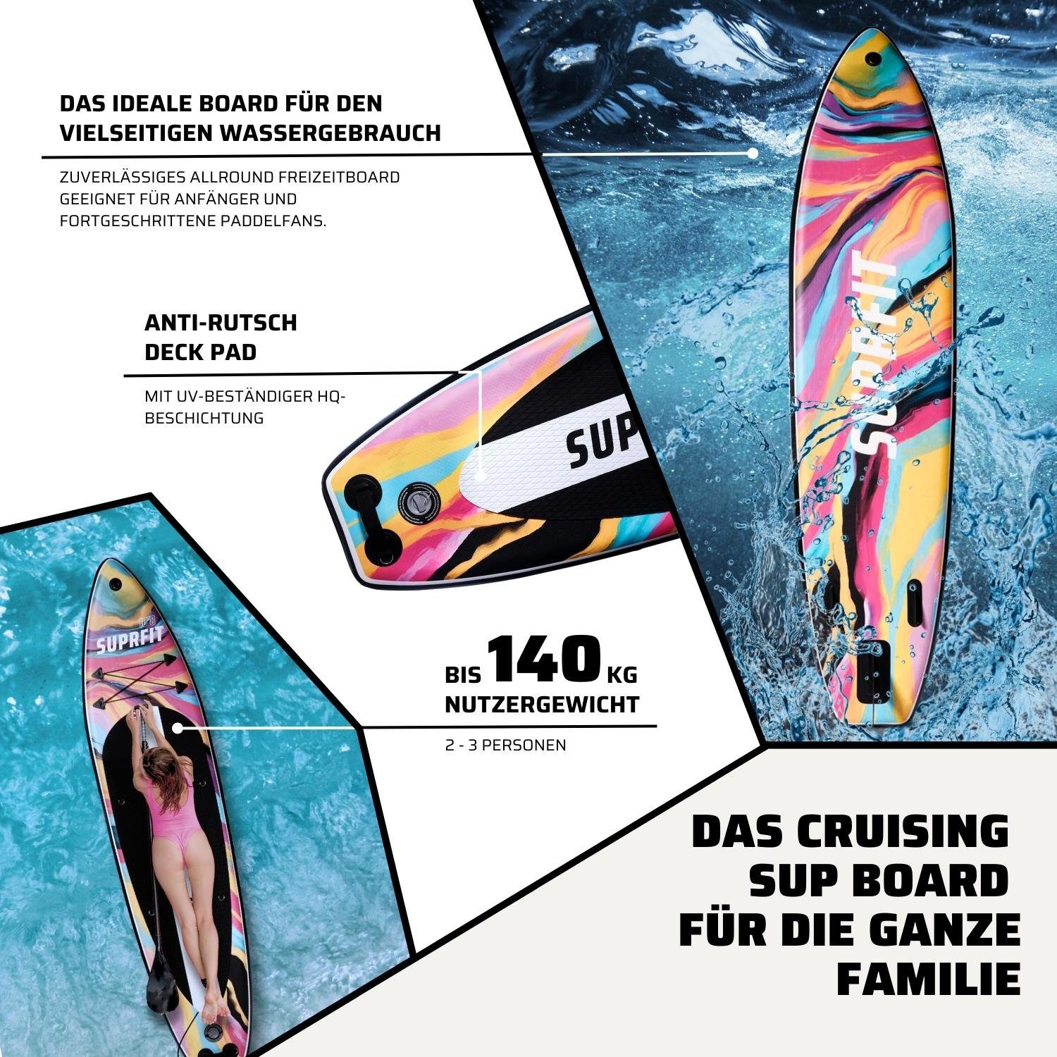 SF SUPRFIT SUP-Board Stand-Up-Paddling Board Aquarell, als aufblasbares Komplett-Set, Stand Up Paddle Board mit doppelter PVC Schichtung, Optimal ab 60 kg, max 140 kg - 330 x 78 x 15 cm