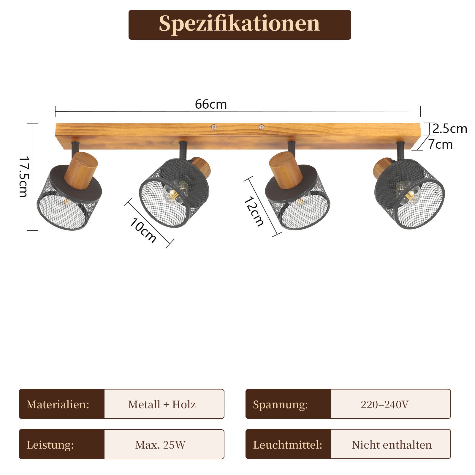ZMH Deckenstrahler Vintage Schwarz Spots 1/2/3/4 Flammig Metall Deckenlampe, E14(ohne Leuchtmittel), ohne Leuchtmittel, 4 Flammig Deckenleuchte Flur aus Holz St – Bild 3 von 5