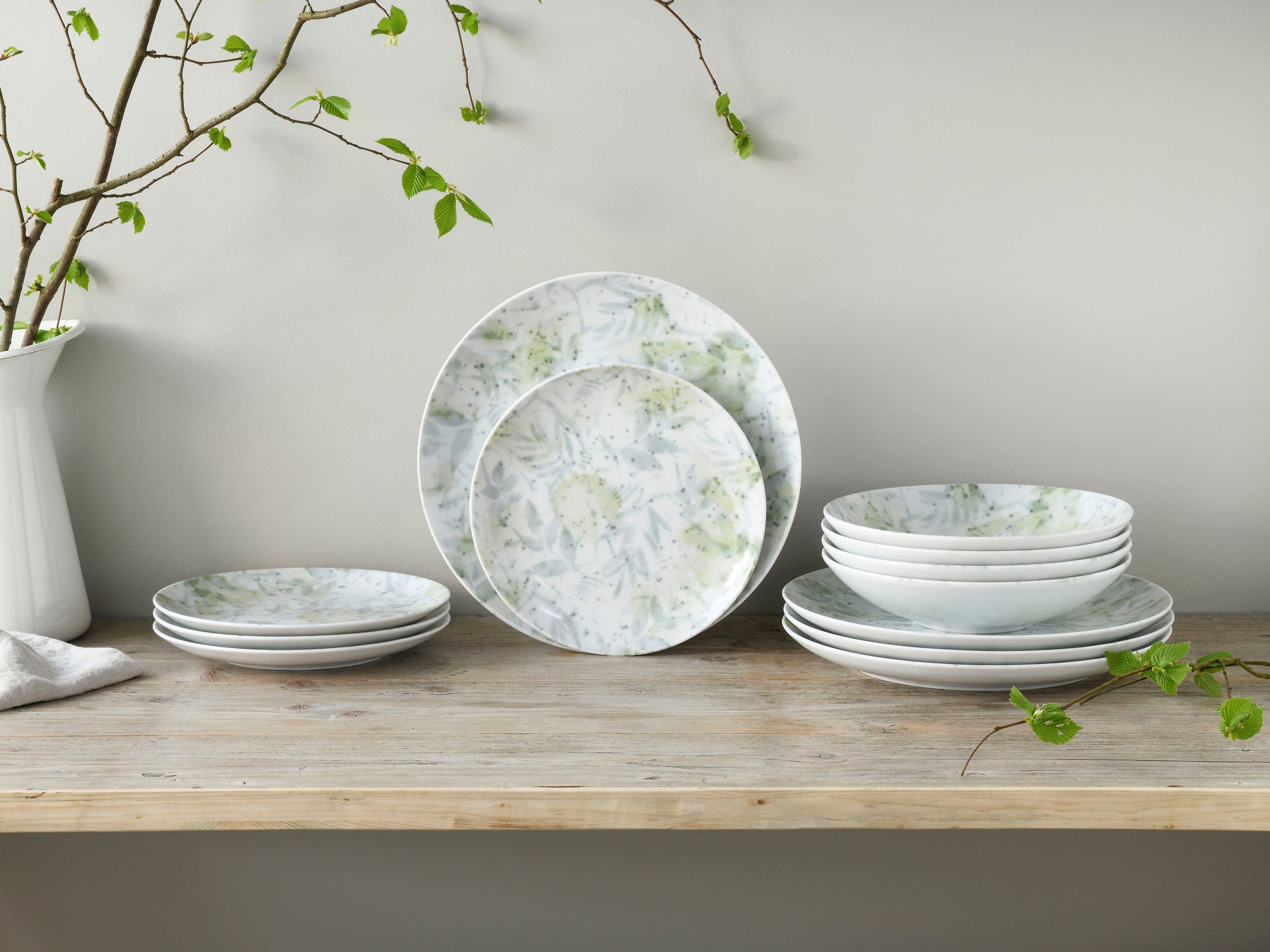 CreaTable Teller-Set Geschirr-Set Home - Tropical (12-tlg), 4 Personen, Porzellan, Service, im Used-und Vintage-Look, 12 Teile, für 4 Personen