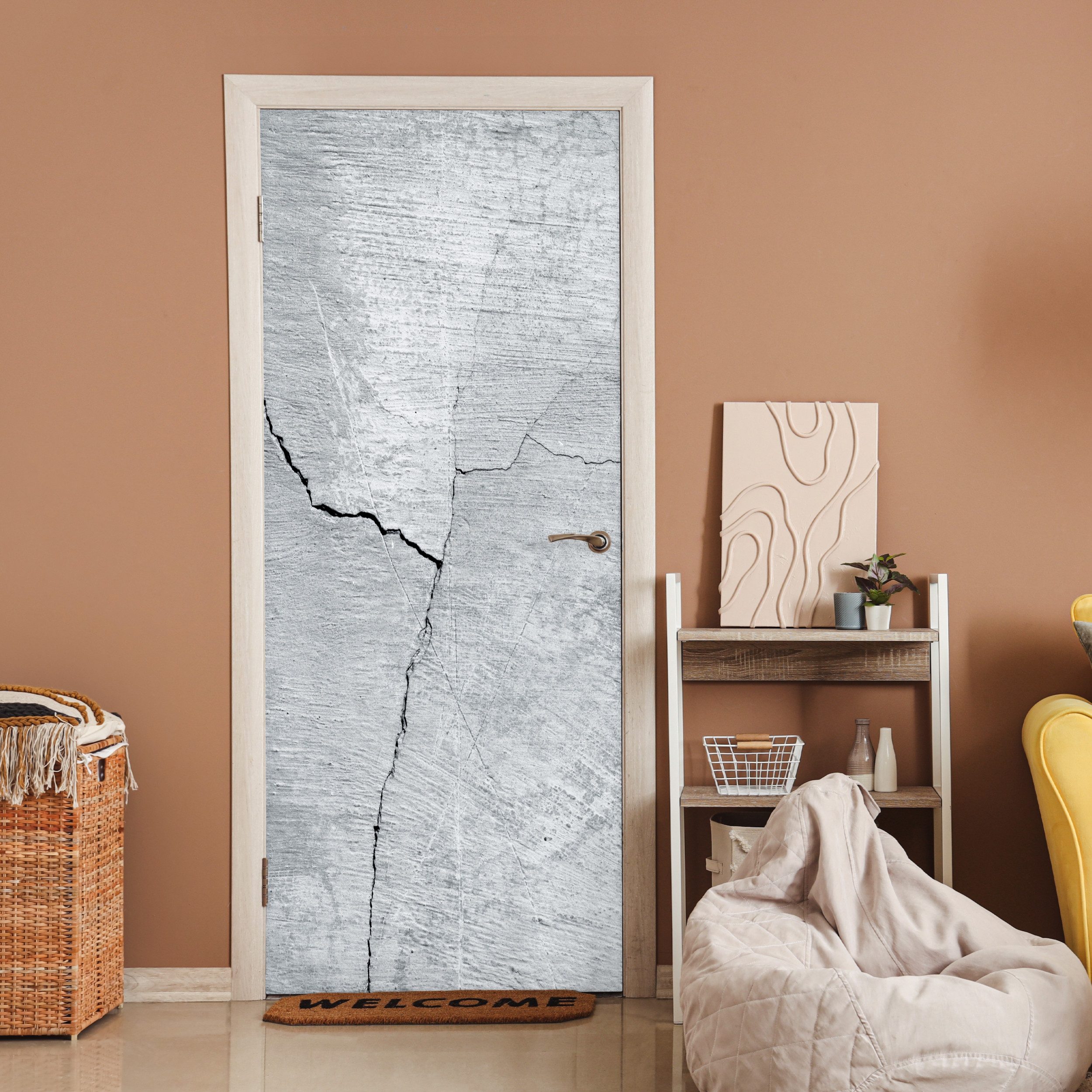MuchoWow Türtapete Beton - Riss - Grau, Matt, bedruckt, (1 St), Selbstklebende Tapete, Folie für Möbel, 75x205 cm