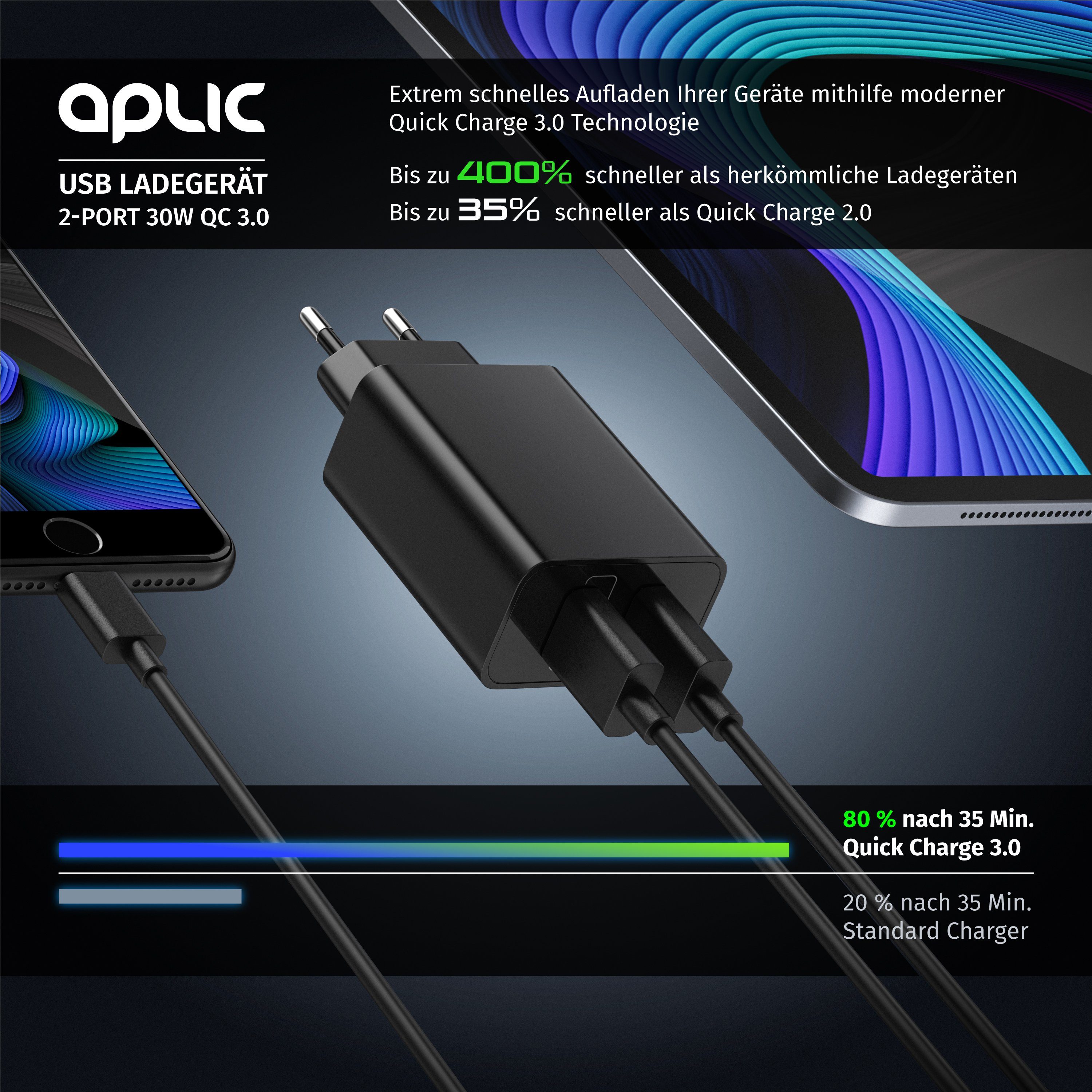 Aplic USB-Ladegerät (3000 mA, 2-Port, 30W, Quick Charge 3.0 (QC 3.0) Schnelladefunktion)
