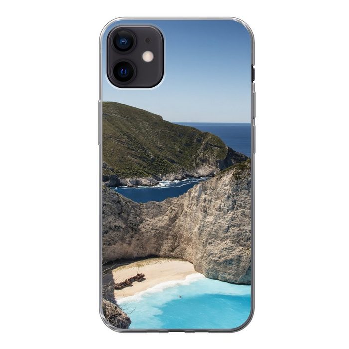 MuchoWow Handyhülle Die griechische Flagge weht über dem Strand von Navagio in Handyhülle Apple iPhone 12 Mini Smartphone-Bumper Print Handy