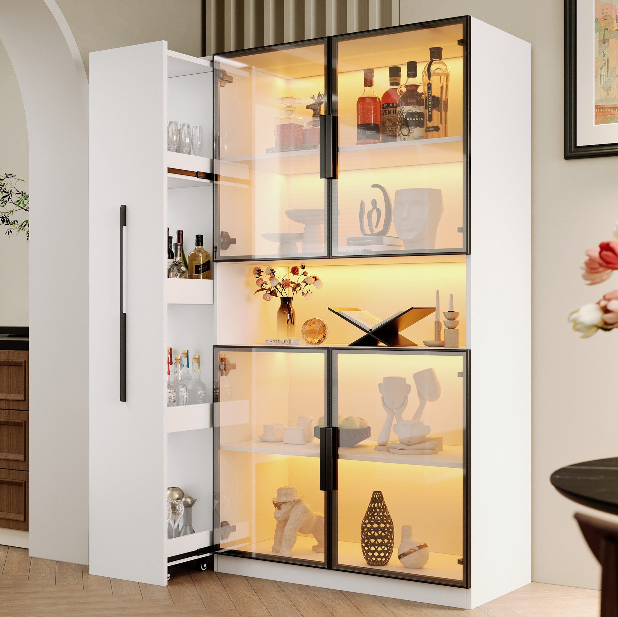 OKWISH Vitrine LED-Glasschrank mit Auszügen & Schubladen (Packung, 1-St., Ausziehbare Regale & vertikale Schubladen) Weiß, 110×160×35 cm, Vielseitig für Wohnzimmer, Küche & Büro