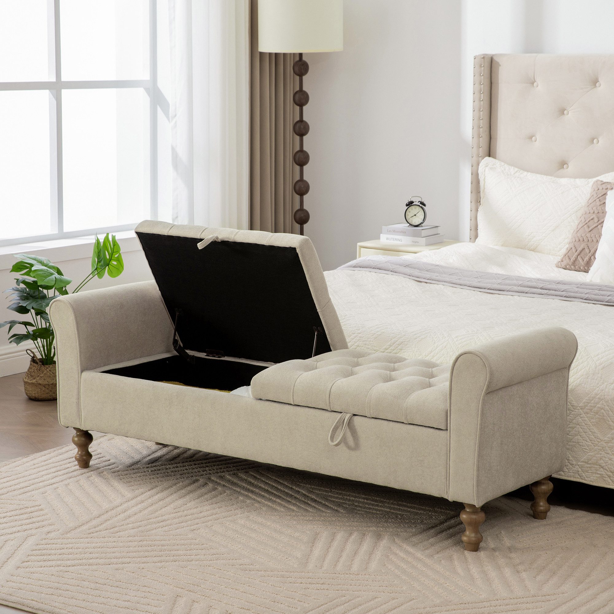i@home Bettbank Hocker mit Stauraum (Sitzbank mit Stauraum Velours, 1-St., 2 Deckel, gerollte Armlehnen, Kautschukholzbeine), Betthocker für Schlafzimmer, Flur und Wohnzimmer