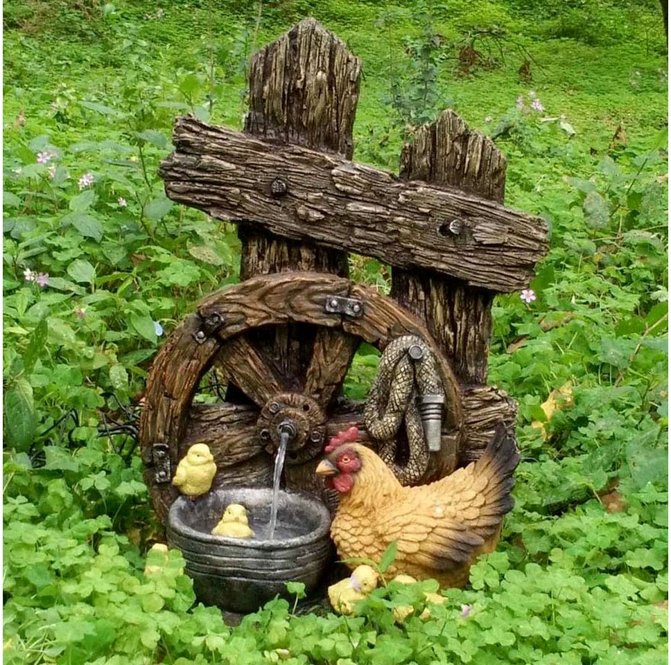 Thumbnail - Harms Import Gartenbrunnen, Außen Zier Spring Brunnen Holz Deko Kaskade Rad Huhn Optik Garten