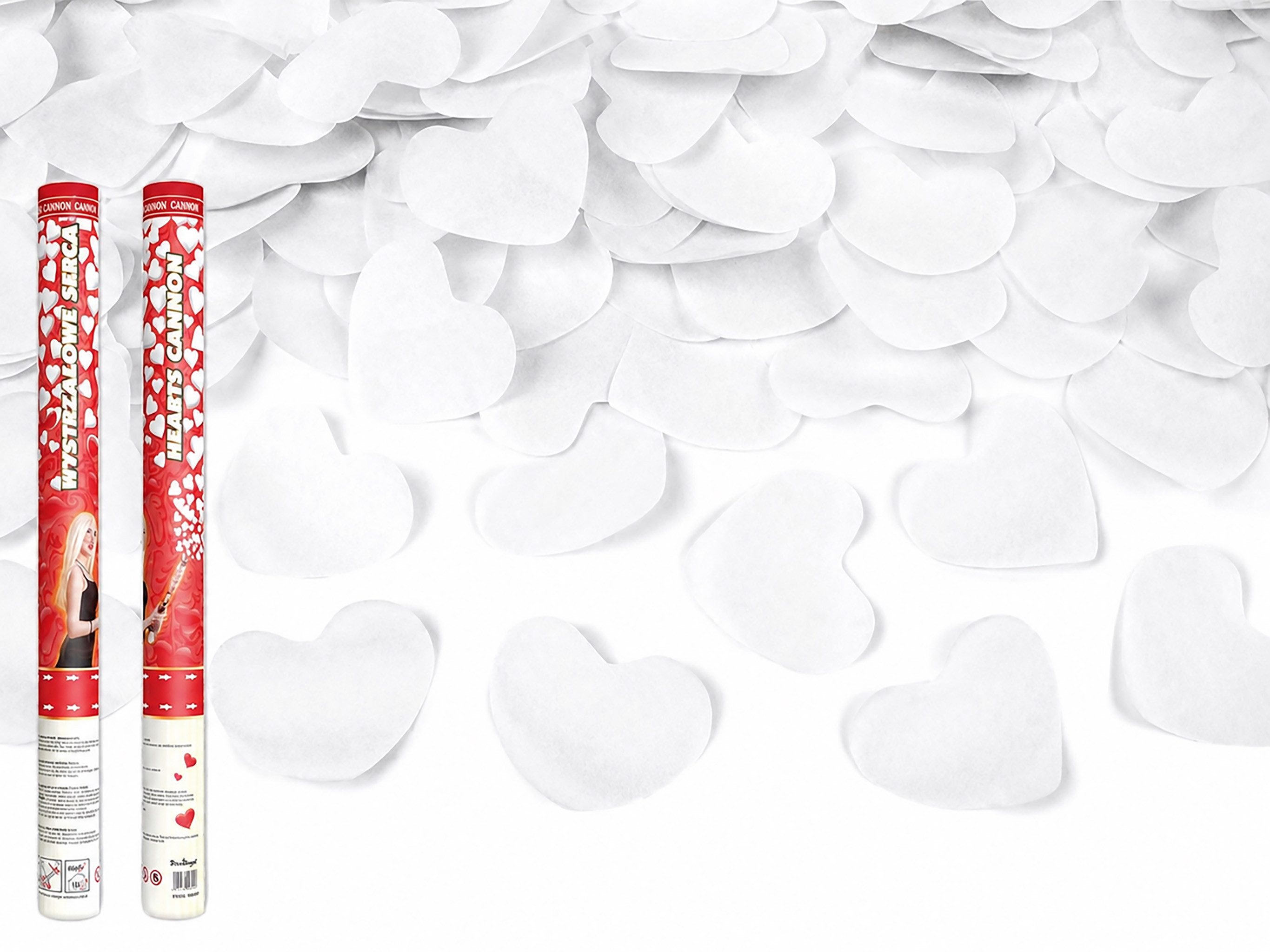 partydeco Konfetti, Konfettikanone 60cm gefüllt mit weißen Herzen