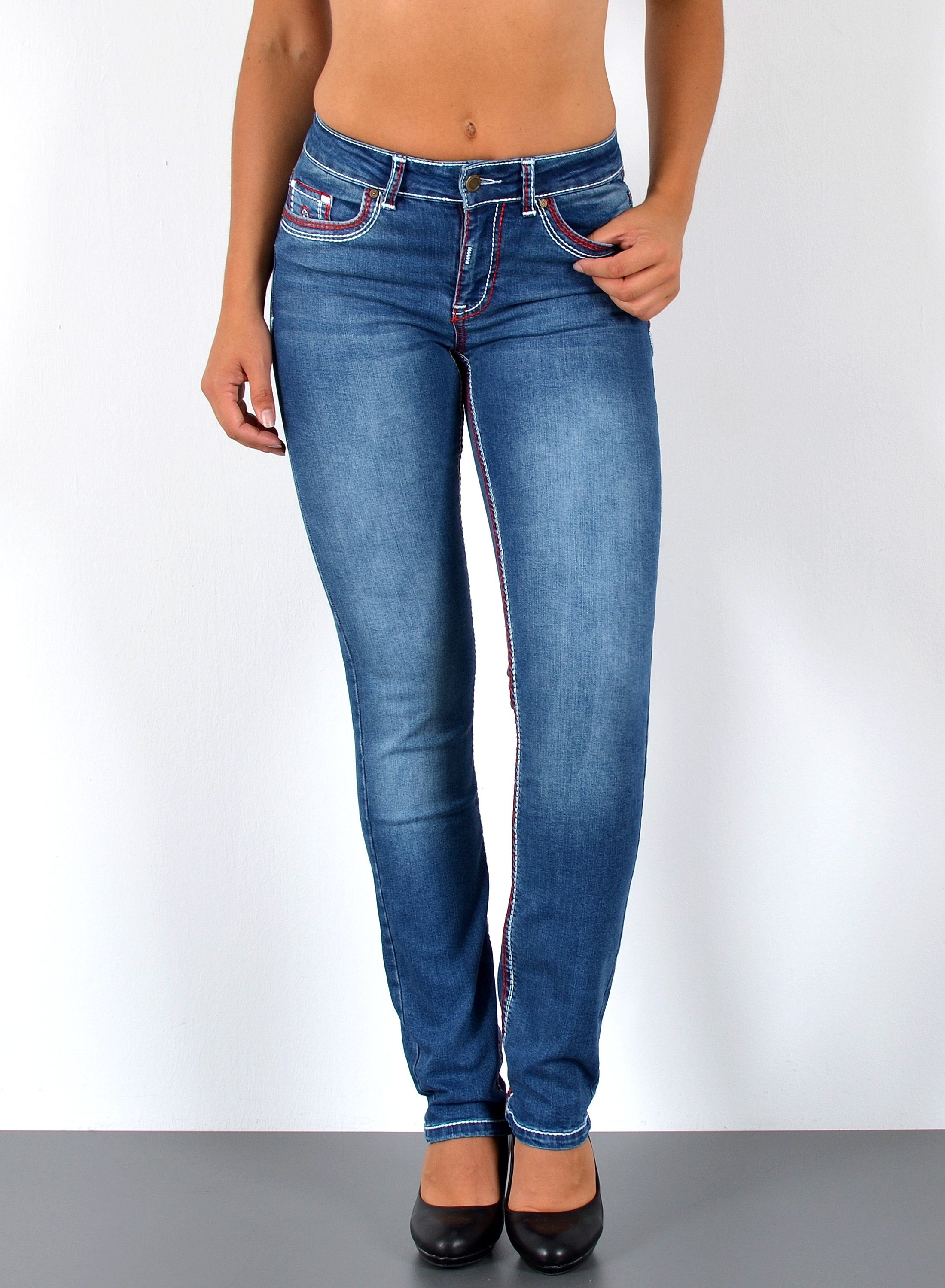 ESRA Straight-Jeans Damen Jeanshose weiße Naht hohe Leibhöhe Stretch Jeans Straight G12 High Waist Jeans Damen Straight Hose mit dicker Naht bis Übergröße