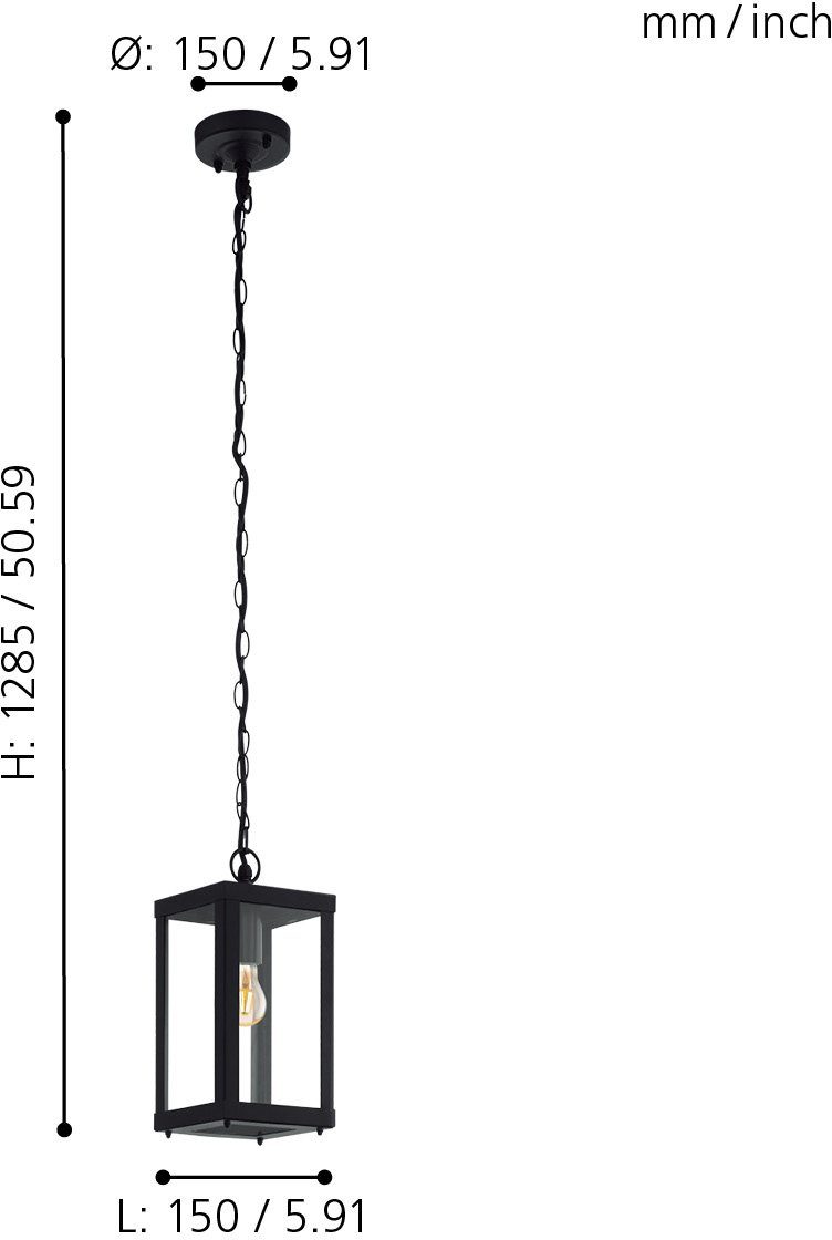 EGLO Hängeleuchte ALAMONTE 1 Pendellampe, Stahl und Glas, IP44, E27, Außenlampe, Lampe, ohne Leuchtmittel, Hängeleuchte, L15 x B15 x H113 cm, schwarz, 1X60W exkl.