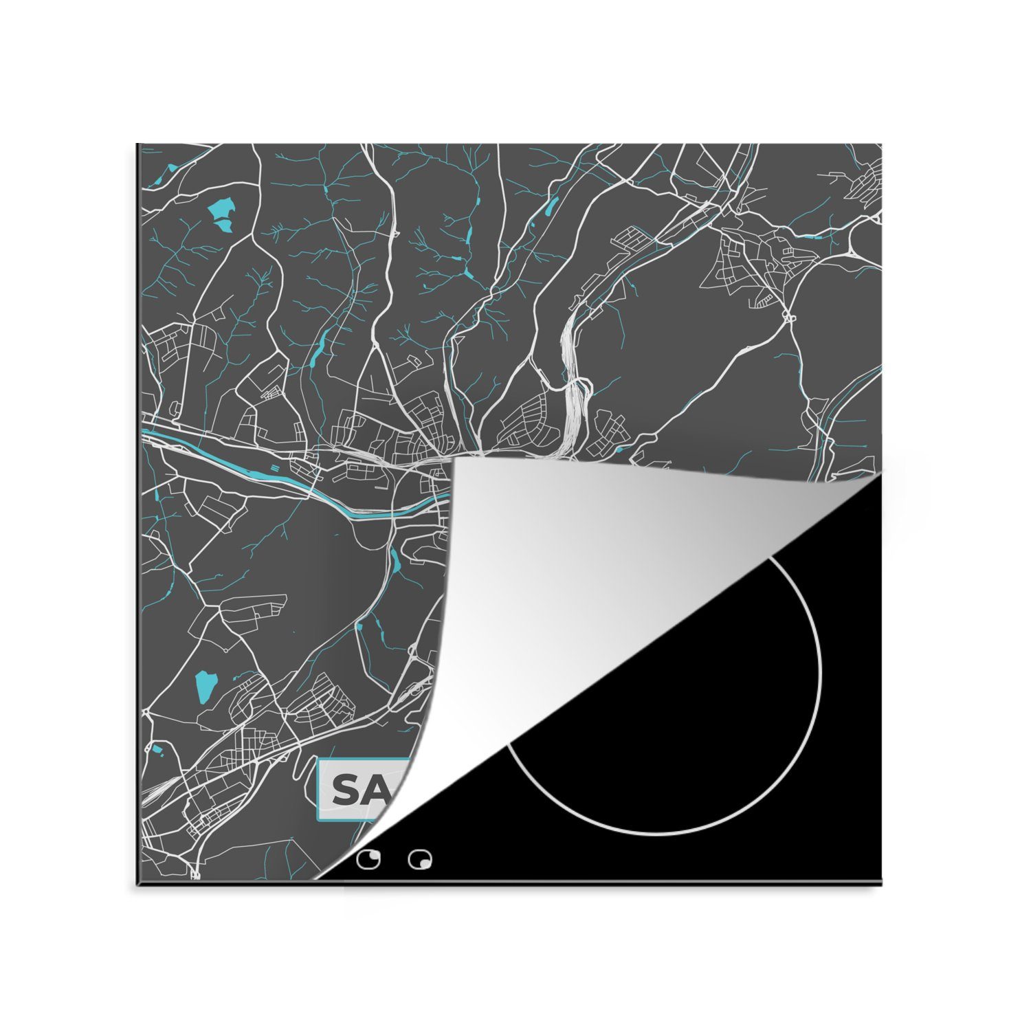 cm, 78x78 - Vinyl, - Stadtplan Arbeitsplatte küche Karte (1 tlg), - Herdblende-/Abdeckplatte Deutschland - MuchoWow Ceranfeldabdeckung, für Saarbrücken, Blau