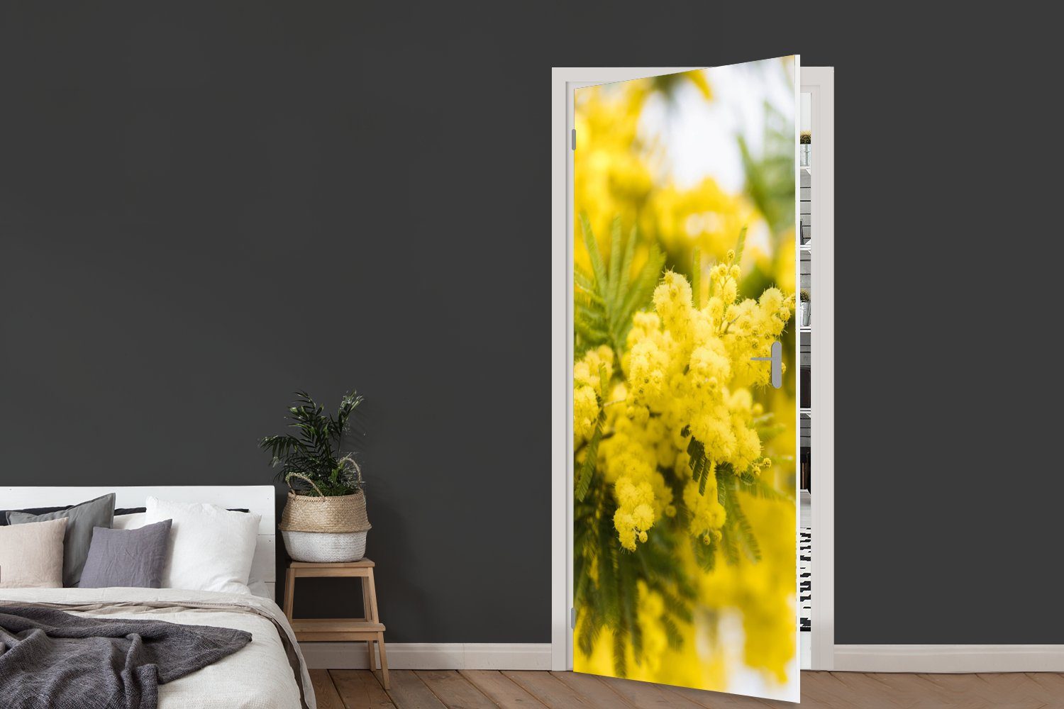 (1 für Mimosenblüte, MuchoWow 75x205 bedruckt, Tür, St), gelbe Eine cm Matt, Türtapete Türaufkleber, Fototapete