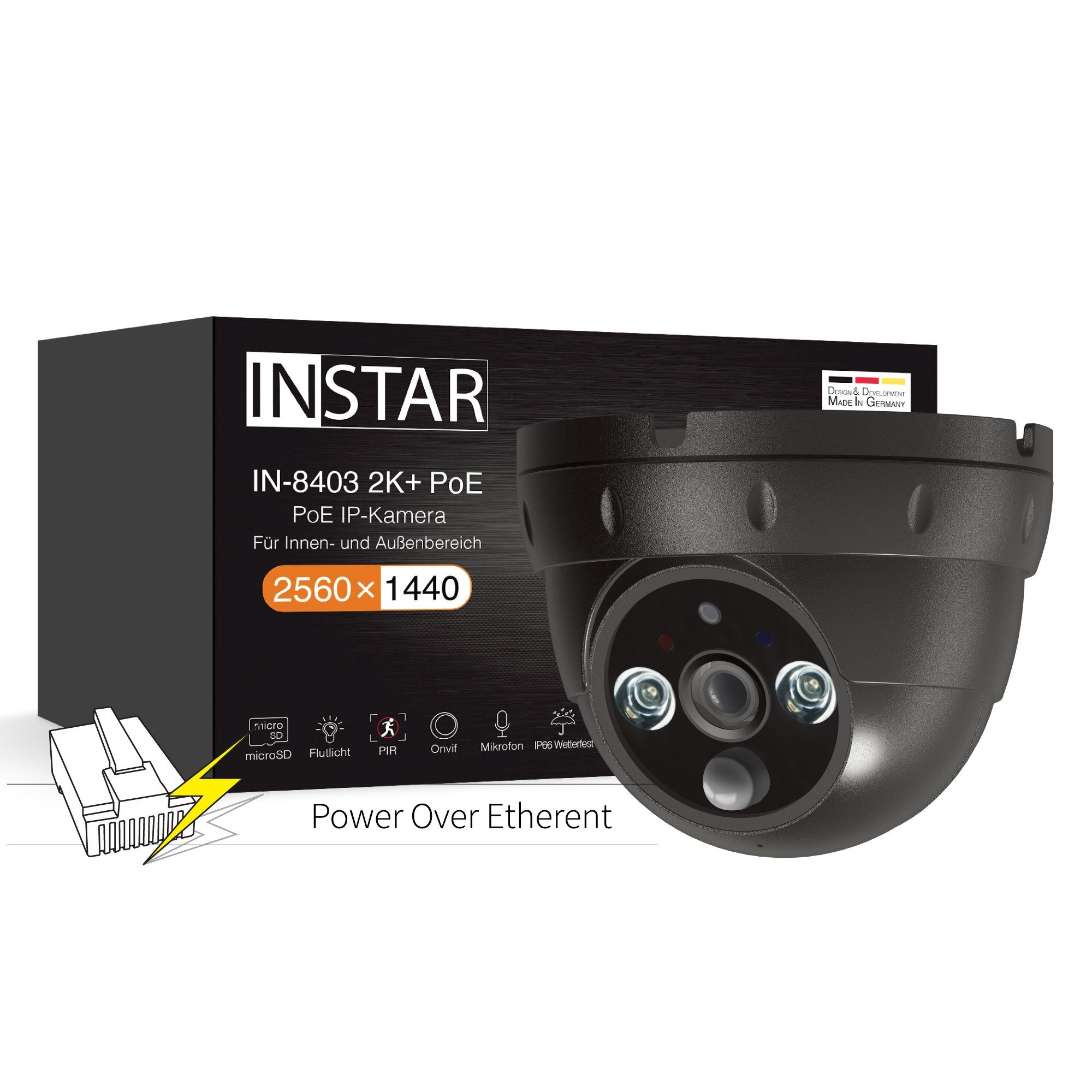INSTAR IN-8403 2K+ PoE IP-Überwachungskamera (LAN, PoE, PIR Sensor, Weitwinkelobjektiv, HomeKit inkl. HKSV, Geräuscherkennung)