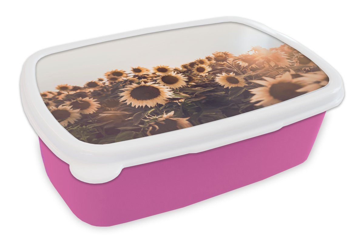 Erwachsene, Blumen Sonnenuntergang Mädchen, Feld Snackbox, - - rosa MuchoWow Brotbox Lunchbox Kinder, Kunststoff, Brotdose Sonnenblumen - - (2-tlg), für Gelb, Kunststoff