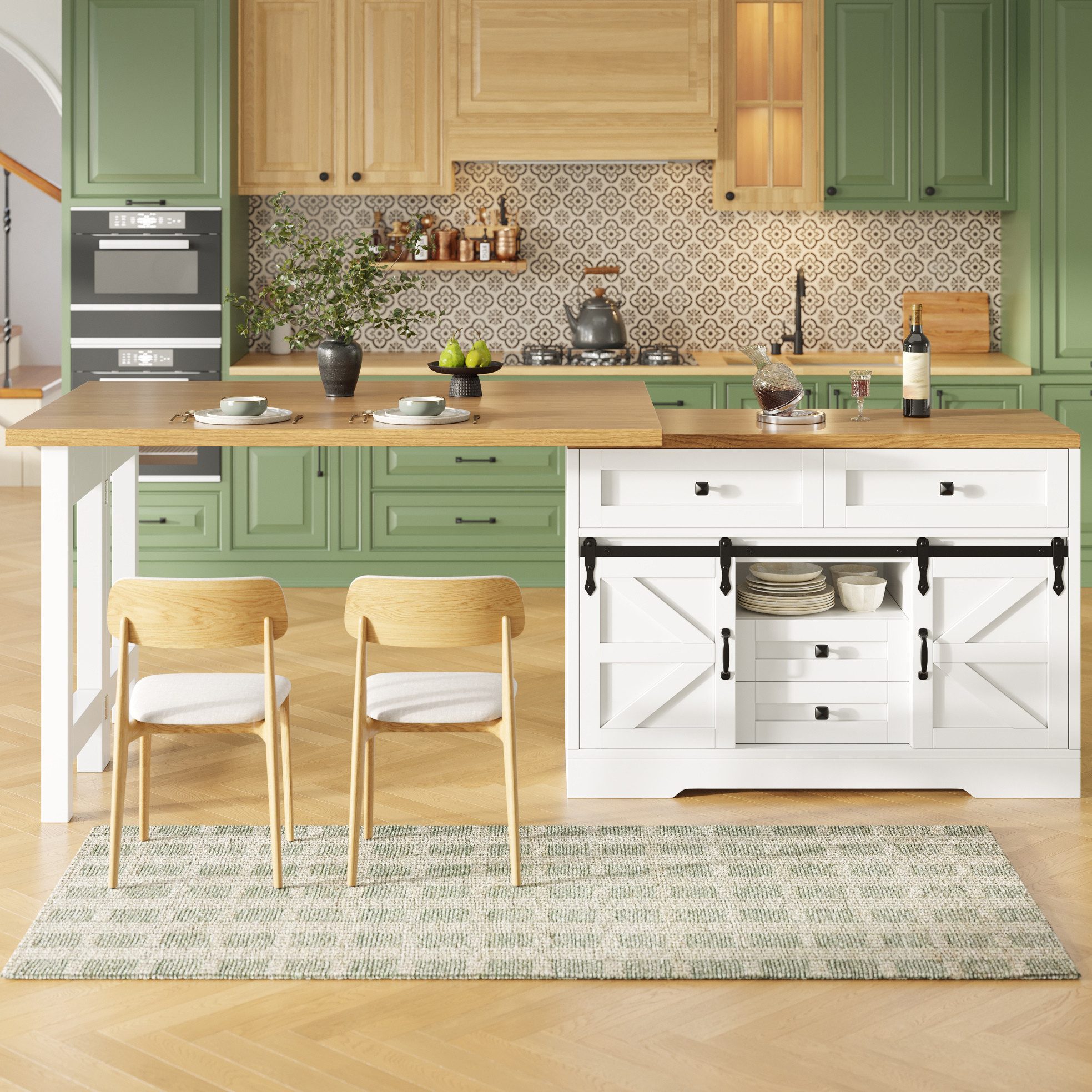 REDOM Kücheninsel Küchenmöbel mit Esstisch 2-in-1 Design und Stauraum, (Ausziehbarer Tisch mit Scheunentor Schranktür im Weiß Design), Drehbare Paneele 360° mit Seitenschrank und Schubladen