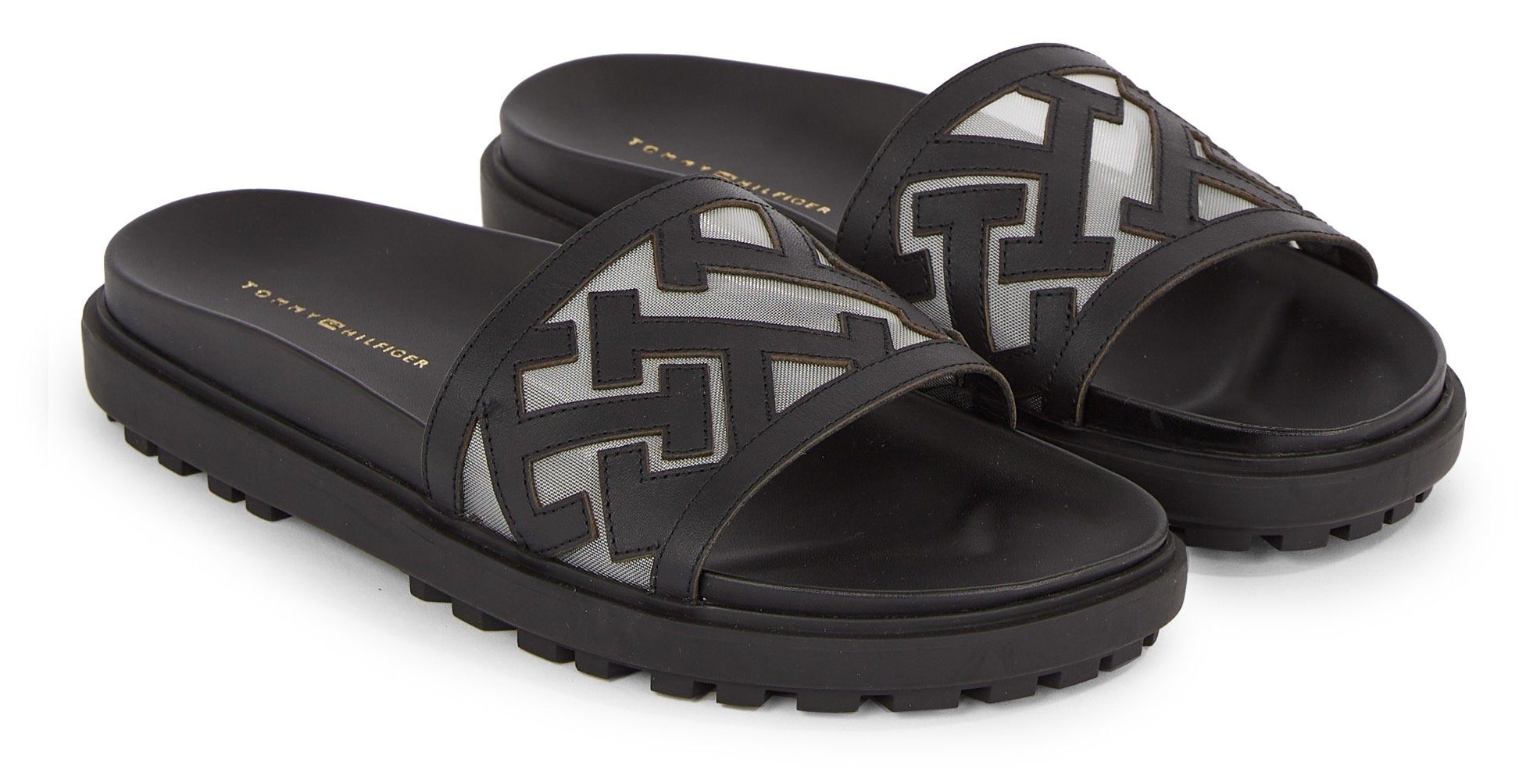 mit schwarz Tommy TH Hilfiger T-Schriftzügen ELEVATED SANDAL FLAT Pantolette