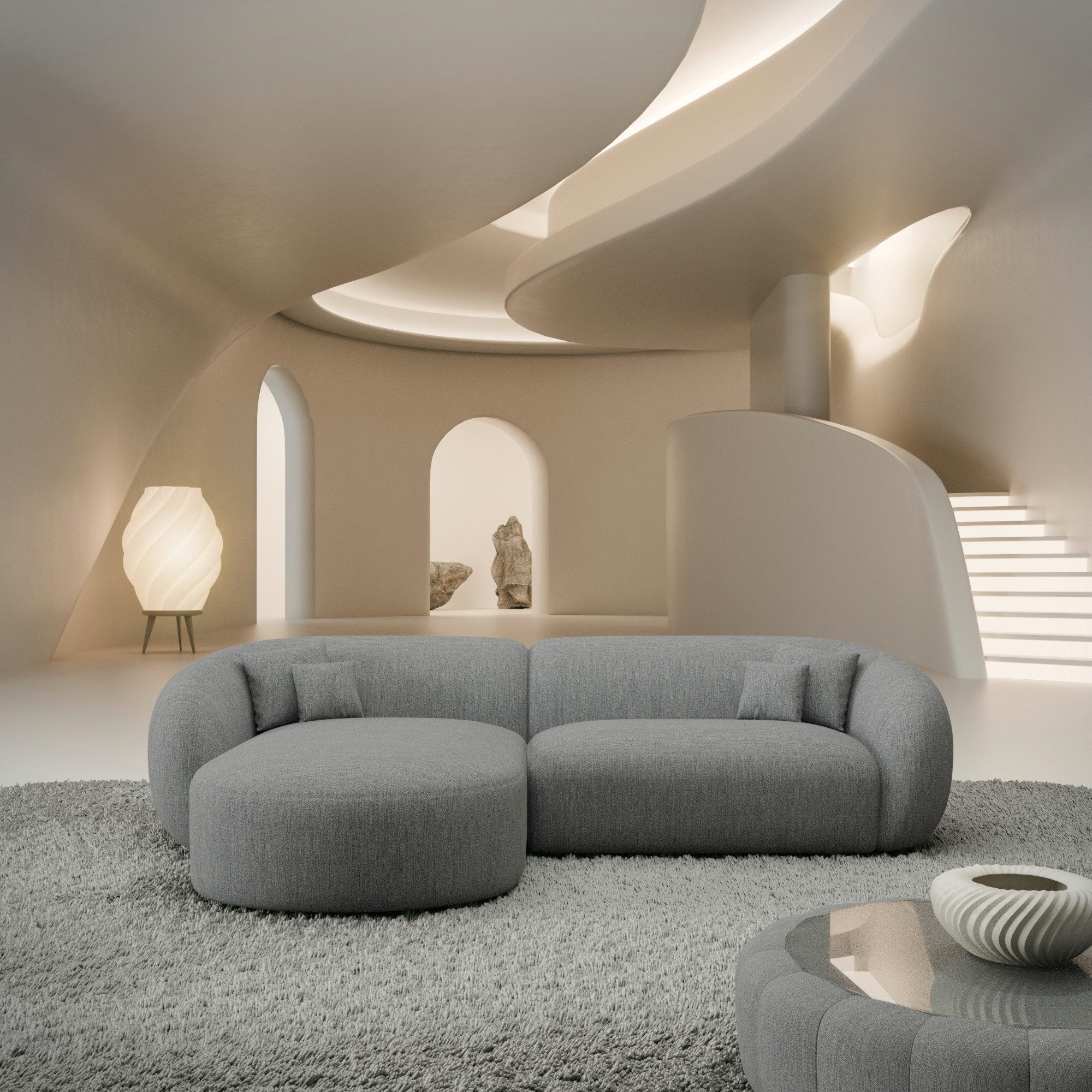 Sofa Dreams Ecksofa Sorelia L Form kurz Stoffsofa, 4-Sitzer, Loungesofa, Ottomane links, Strukturstoff Bezug Dunkelgrau