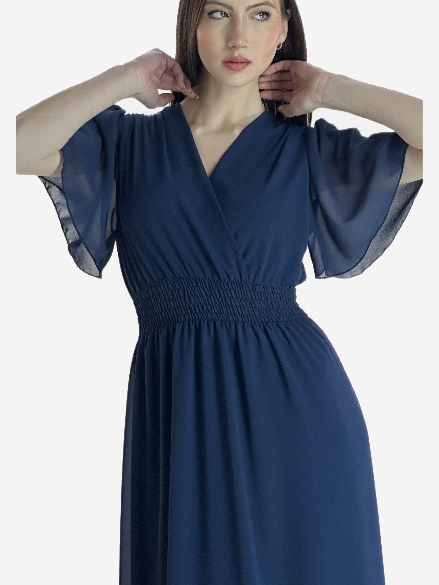 Elara Maxikleid — Damen Sommerkleid mit Wickeloptik, Smoktaille & Flügelärmeln (1-tlg) – Bild 5 von 5