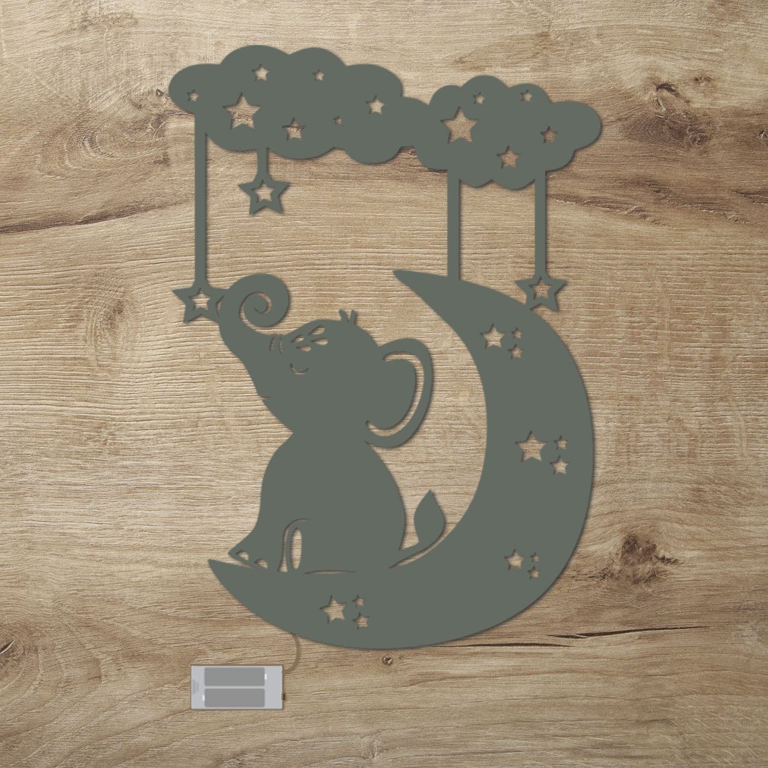 Namofactur LED Nachtlicht Elefant auf Wolke im Sternenhimmel - Schlaflicht mit Elefanten Motiv, Ohne Zugschalter, LED fest integriert, Warmweiß, Wanddekoobjekt Kinderzimmer Leuchte batteriebetrieben Grau