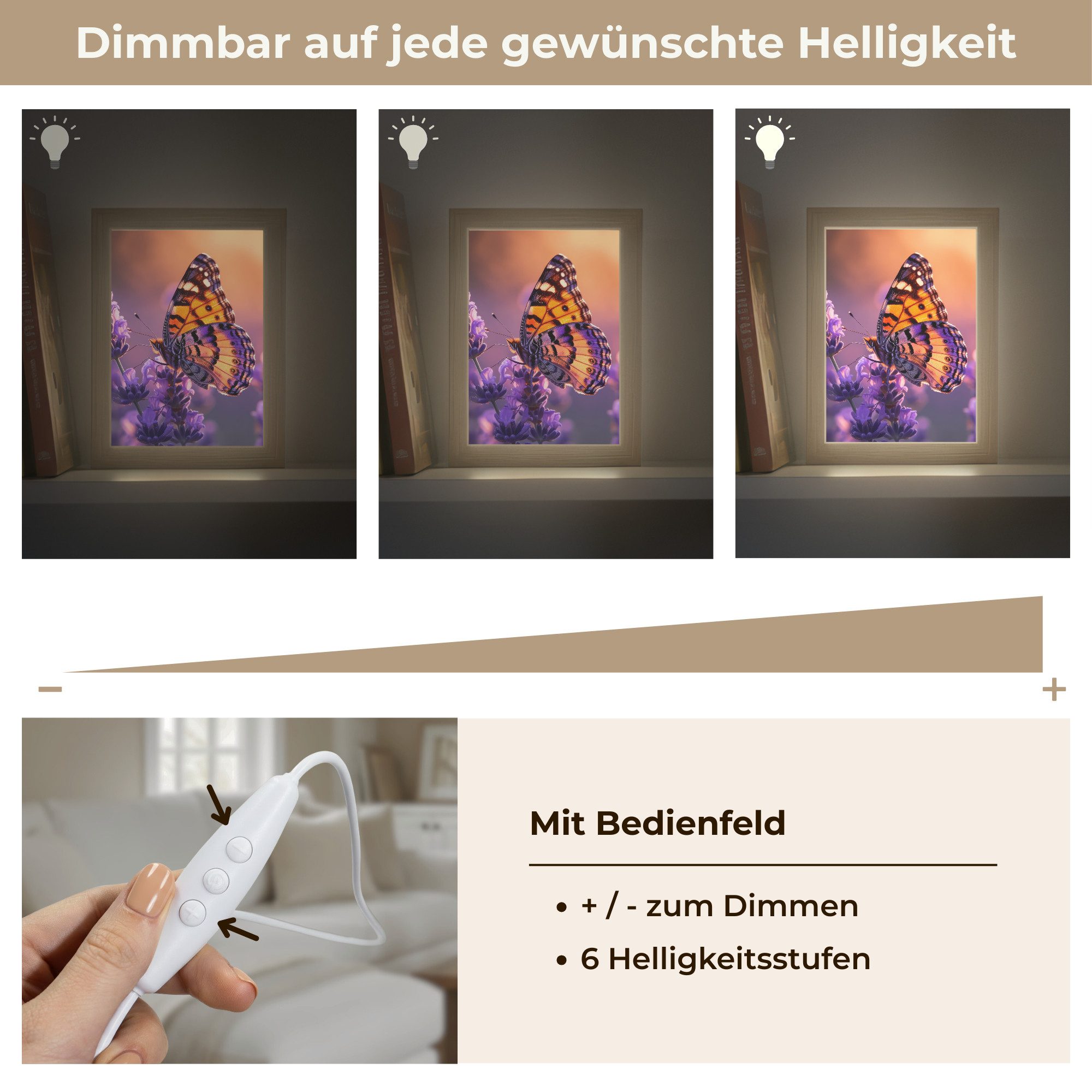 OnlyWow Wandleuchte Lightbox Blumen - Schmetterling - Lavendel - Blume - Natur, Dimmbar, Farbwechsel, LED, Warmweiß, Kaltweiß, Neutralweiß Einstellbar, Wandlampe Innen, Dimmbar, mit Kabel, LED, Beleuchtung, Wohnzimmer