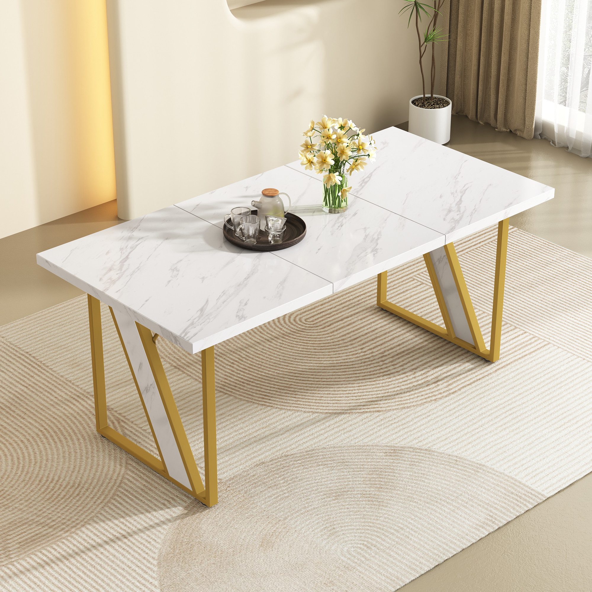 Rutaqian Esstisch Esstisch weiß 4 personen, 160×80x75cm Moderner Esstisch marmor-Tisch (1-St), für Esszimmer und Küche